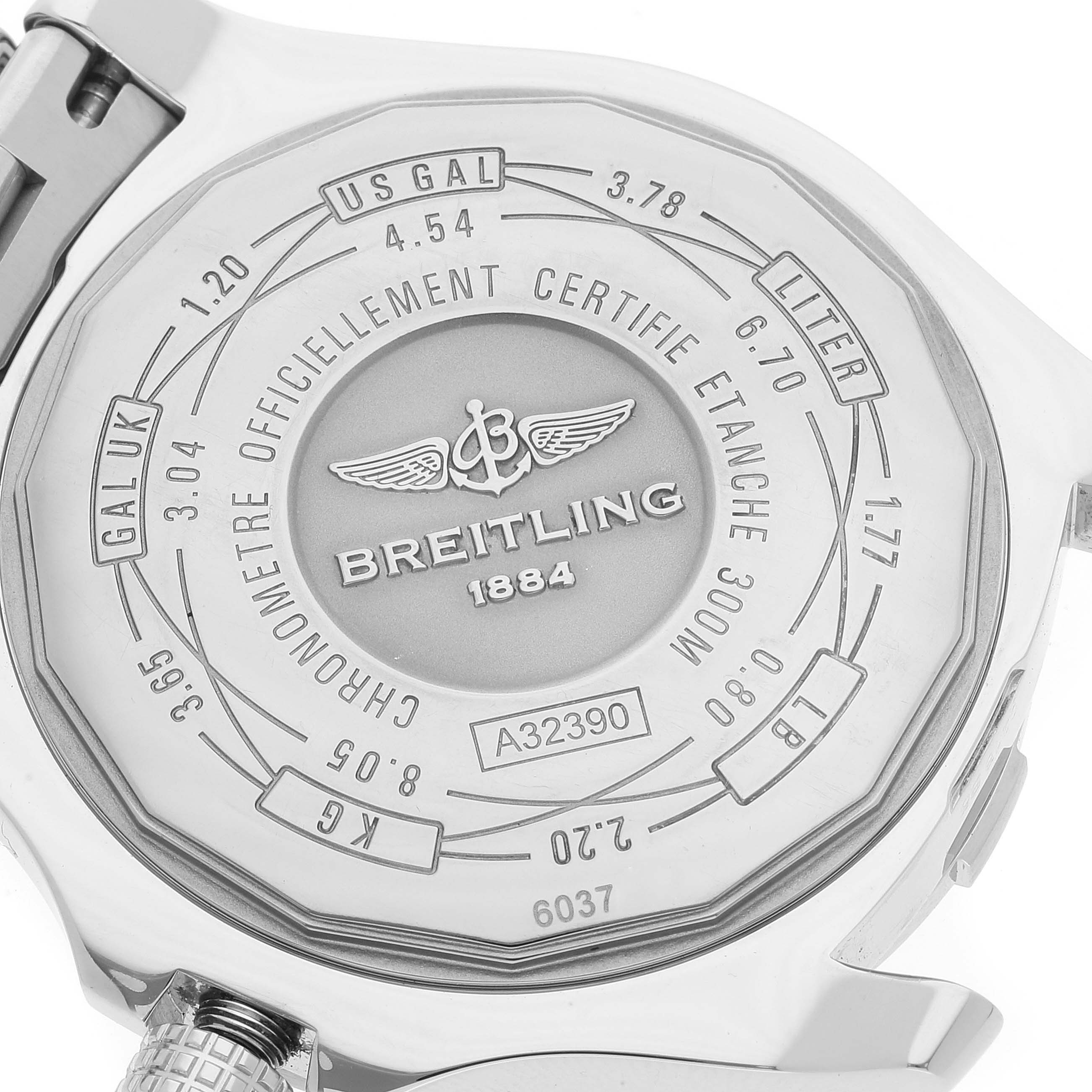 The image shows the case back of a Breitling Avenger A3239011/BC34 Men's Stainless Steel Black Dial A3239011/BC34 Men's Stainless Steel Black Dial watch, displaying its markings and specifications.