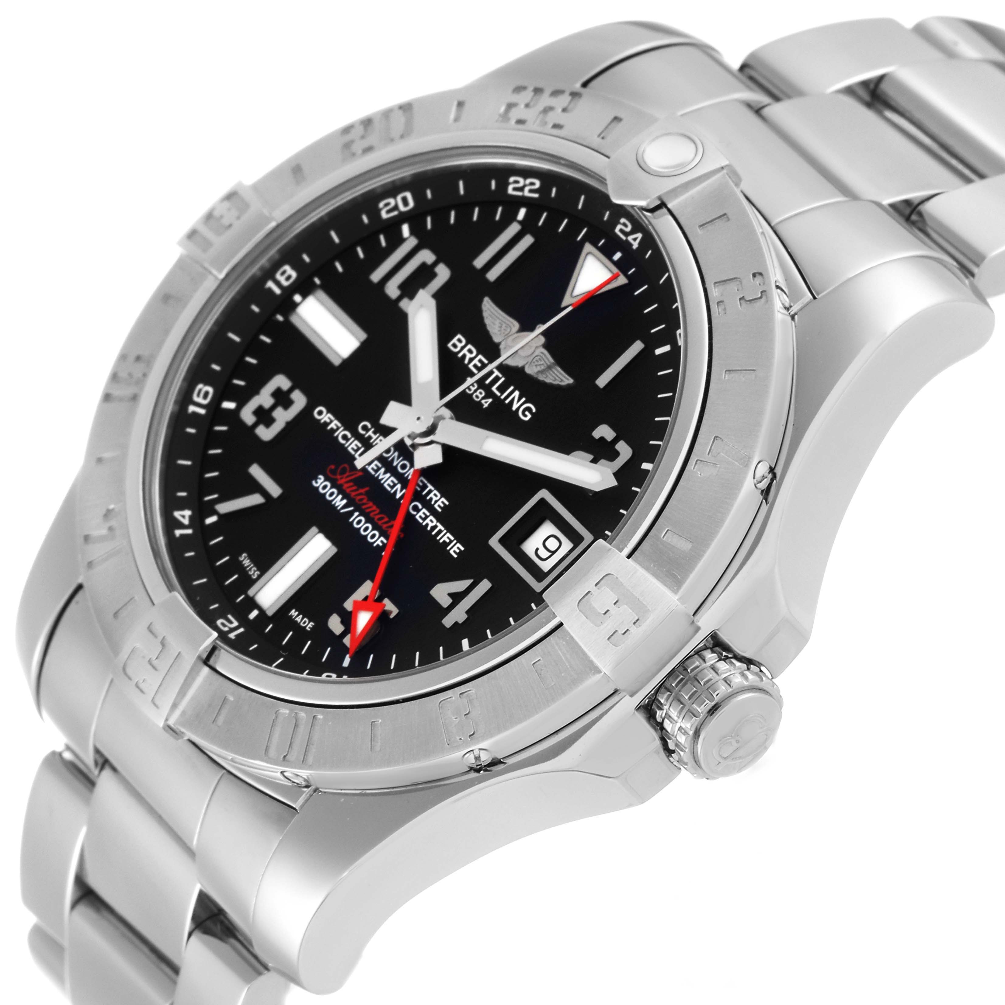 The image shows a close-up, angled view of the Breitling Avenger A3239011/BC34 Men's Stainless Steel Black Dial A3239011/BC34 Men's Stainless Steel Black Dial watch, highlighting its face, bezel, crown, and part of the bracelet.