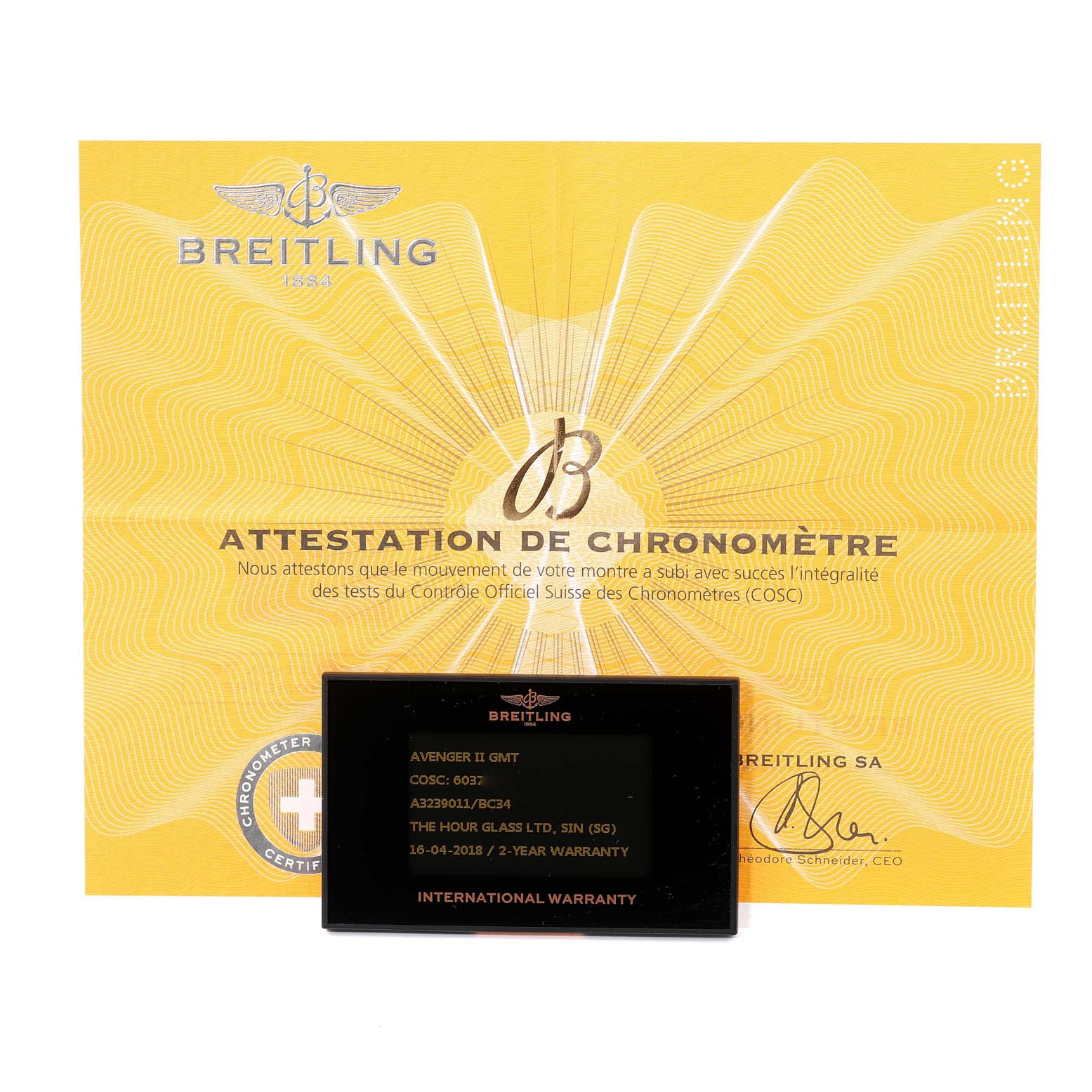 The image shows a certificate and a warranty card for the Breitling Avenger A3239011/BC34 Men's Stainless Steel Black Dial A3239011/BC34 Men's Stainless Steel Black Dial II GMT watch.