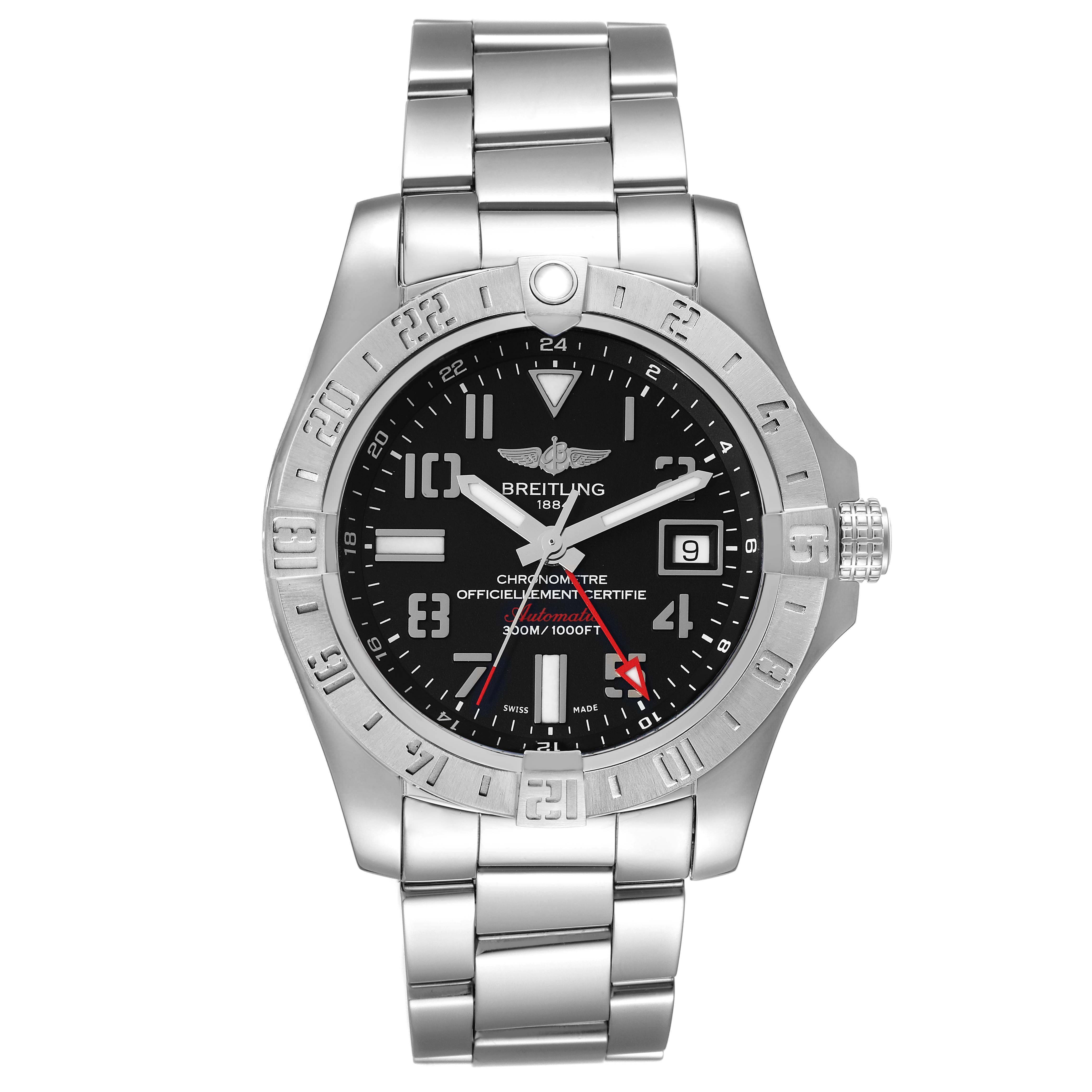 This image shows a front view of a Breitling Avenger A3239011/BC34 Men's Stainless Steel Black Dial A3239011/BC34 Men's Stainless Steel Black Dial watch, displaying the dial, case, bezel, bracelet, and crown.