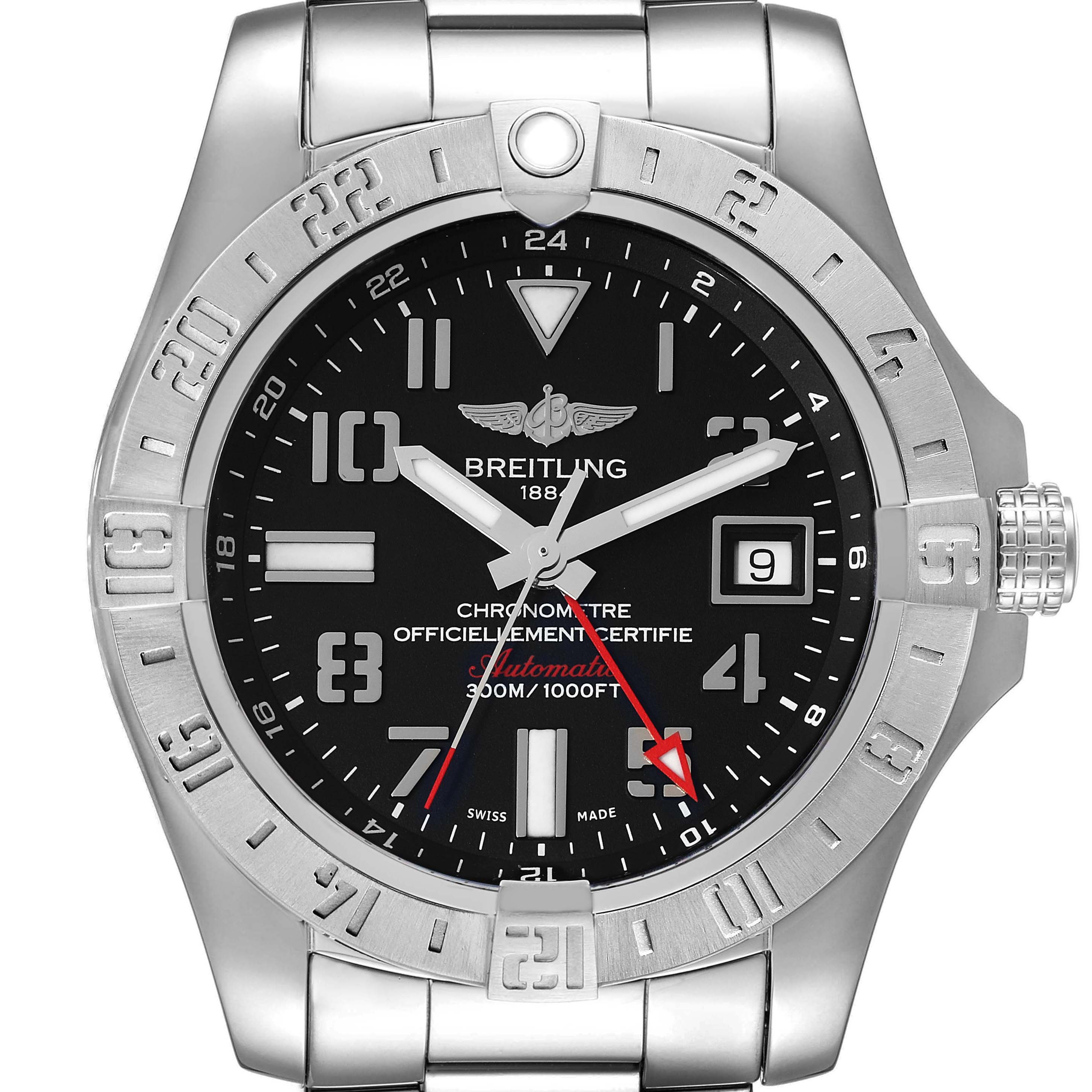 A front view of the Breitling Avenger A3239011/BC34 Men's Stainless Steel Black Dial A3239011/BC34 Men's Stainless Steel Black Dial watch shows its face, bezel, crown, and part of the metal bracelet.