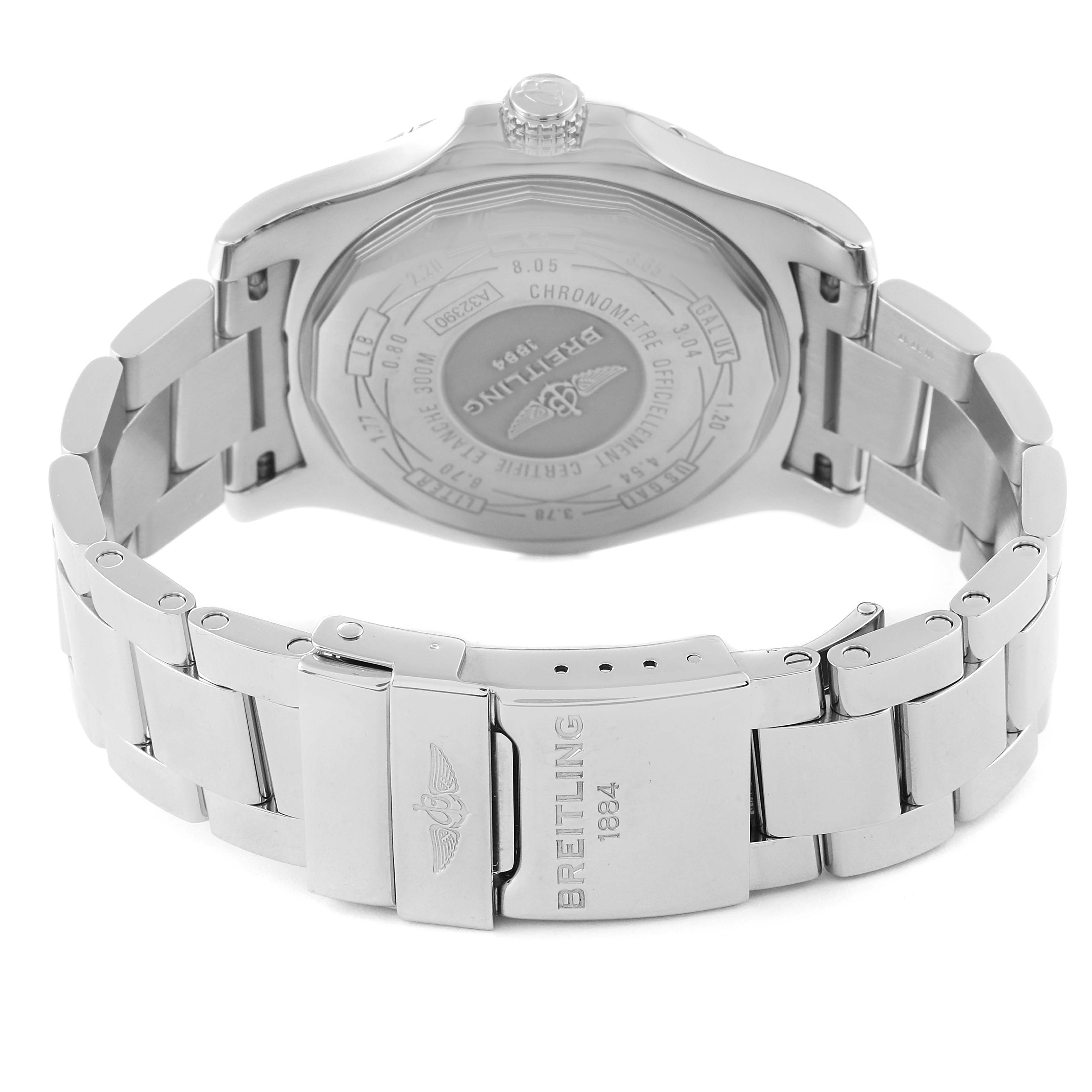 The image shows the backside and bracelet of a Breitling Avenger A3239011/BC34 Men's Stainless Steel Black Dial A3239011/BC34 Men's Stainless Steel Black Dial watch.