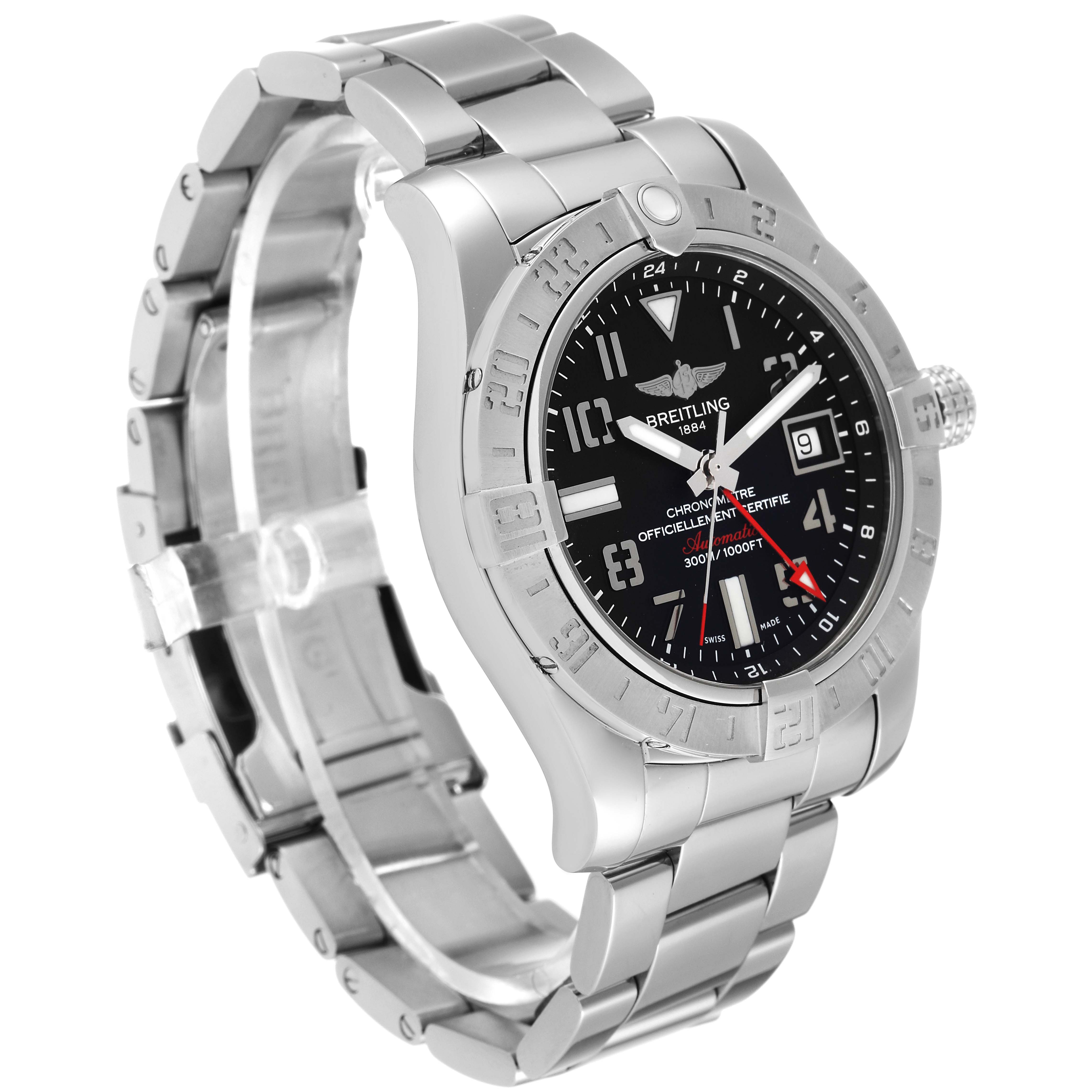 The image shows a side-view angle of a Breitling Avenger A3239011/BC34 Men's Stainless Steel Black Dial A3239011/BC34 Men's Stainless Steel Black Dial watch, highlighting its stainless steel bracelet and black dial.