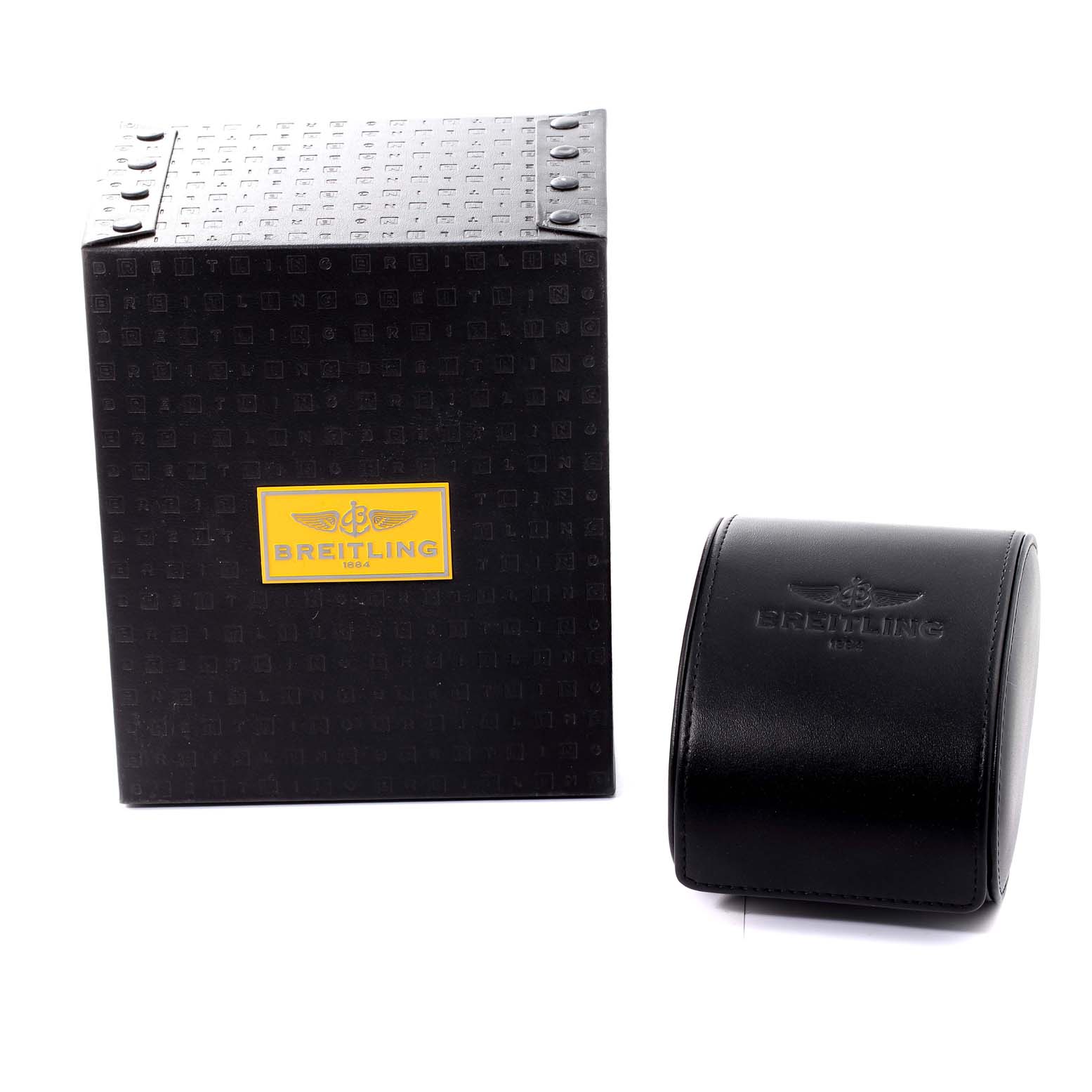 The image shows packaging for the Breitling Superocean A13340 Men's Stainless Steel Black Dial A13340 Men's Stainless Steel Black Dial watch, including a black box and a leather travel case.