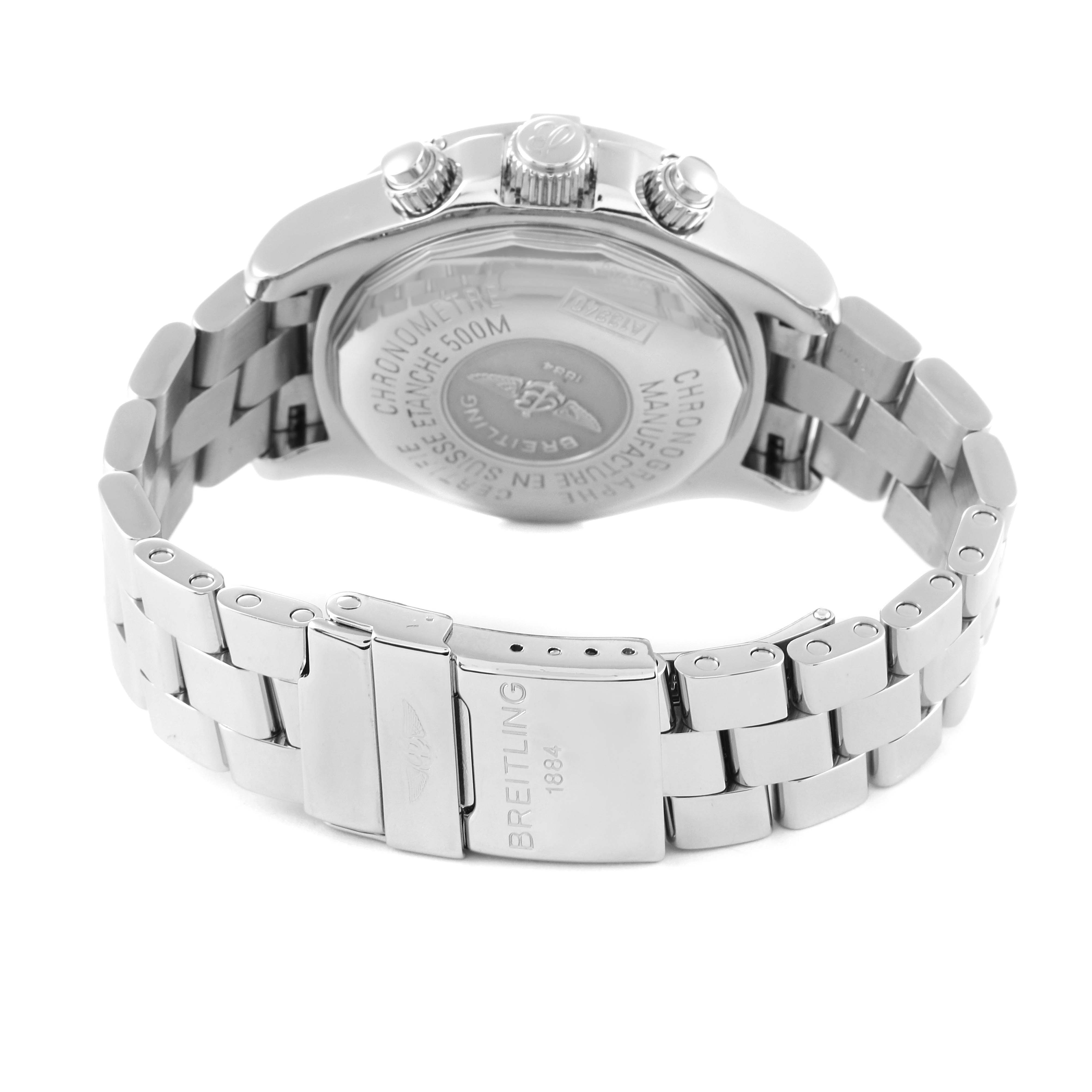 This image shows the back view of a Breitling Superocean A13340 Men's Stainless Steel Black Dial A13340 Men's Stainless Steel Black Dial watch, highlighting its case back, pushers, and metal bracelet.