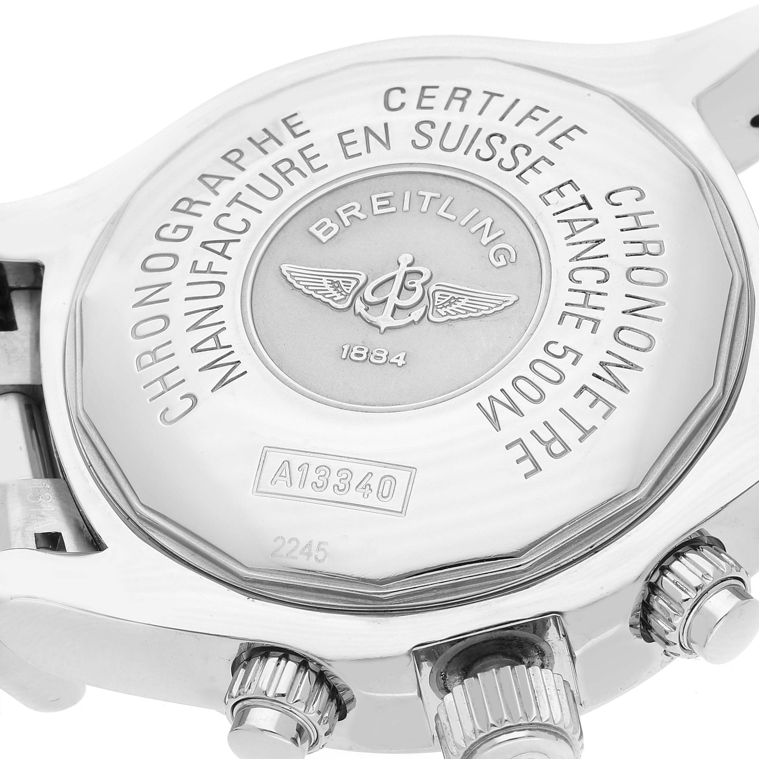 The image shows the back case and side buttons of a Breitling Superocean A13340 Men's Stainless Steel Black Dial A13340 Men's Stainless Steel Black Dial watch, highlighting the brand logo and certification markings.