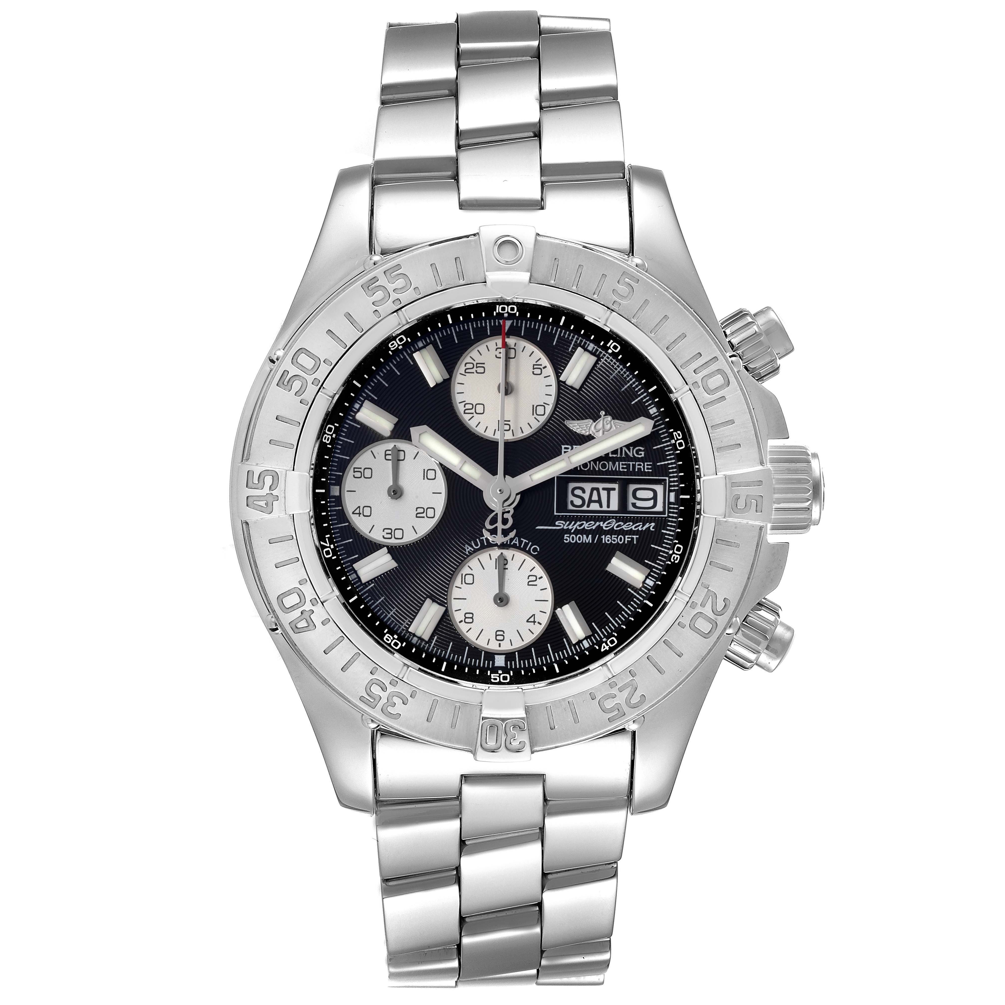 The image shows a front view of a Breitling Superocean A13340 Men's Stainless Steel Black Dial A13340 Men's Stainless Steel Black Dial watch, displaying its dial, bezel, and metal bracelet.