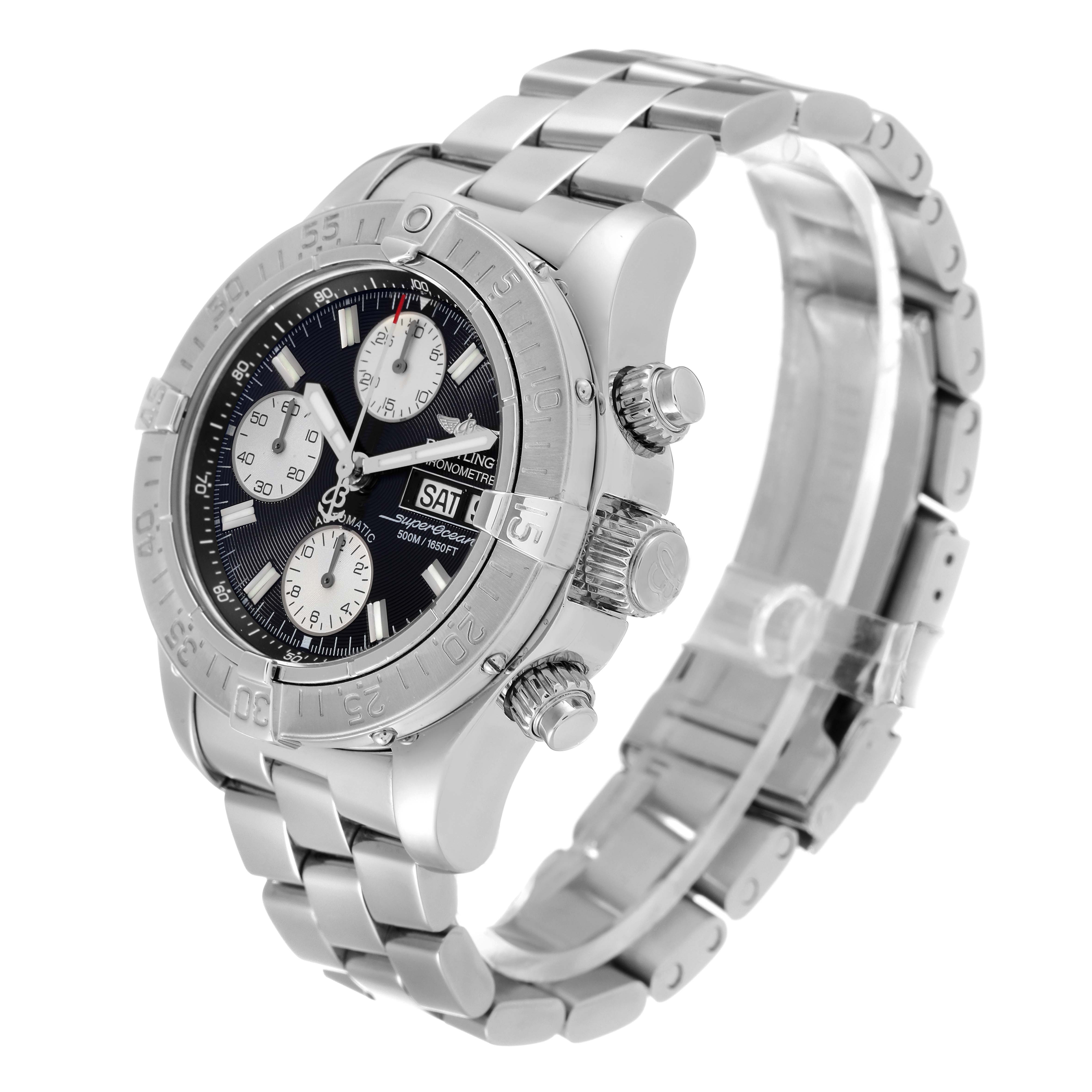 The Breitling Superocean A13340 Men's Stainless Steel Black Dial A13340 Men's Stainless Steel Black Dial watch is shown at a three-quarter angle, highlighting its face, case, bezel, and metal bracelet.