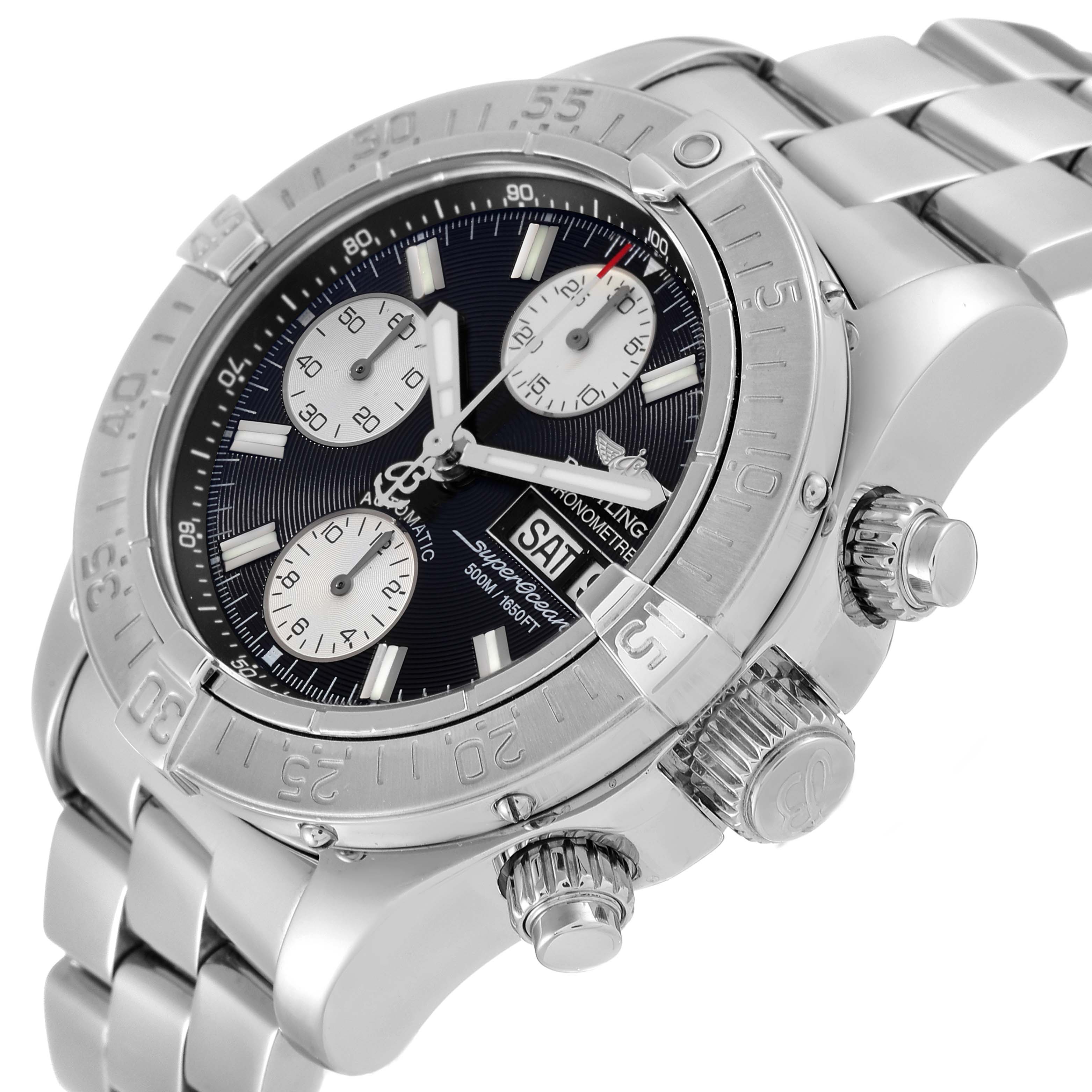 The Breitling Superocean A13340 Men's Stainless Steel Black Dial A13340 Men's Stainless Steel Black Dial watch is shown from a slight angle highlighting the dial, bezel, crown, and bracelet.