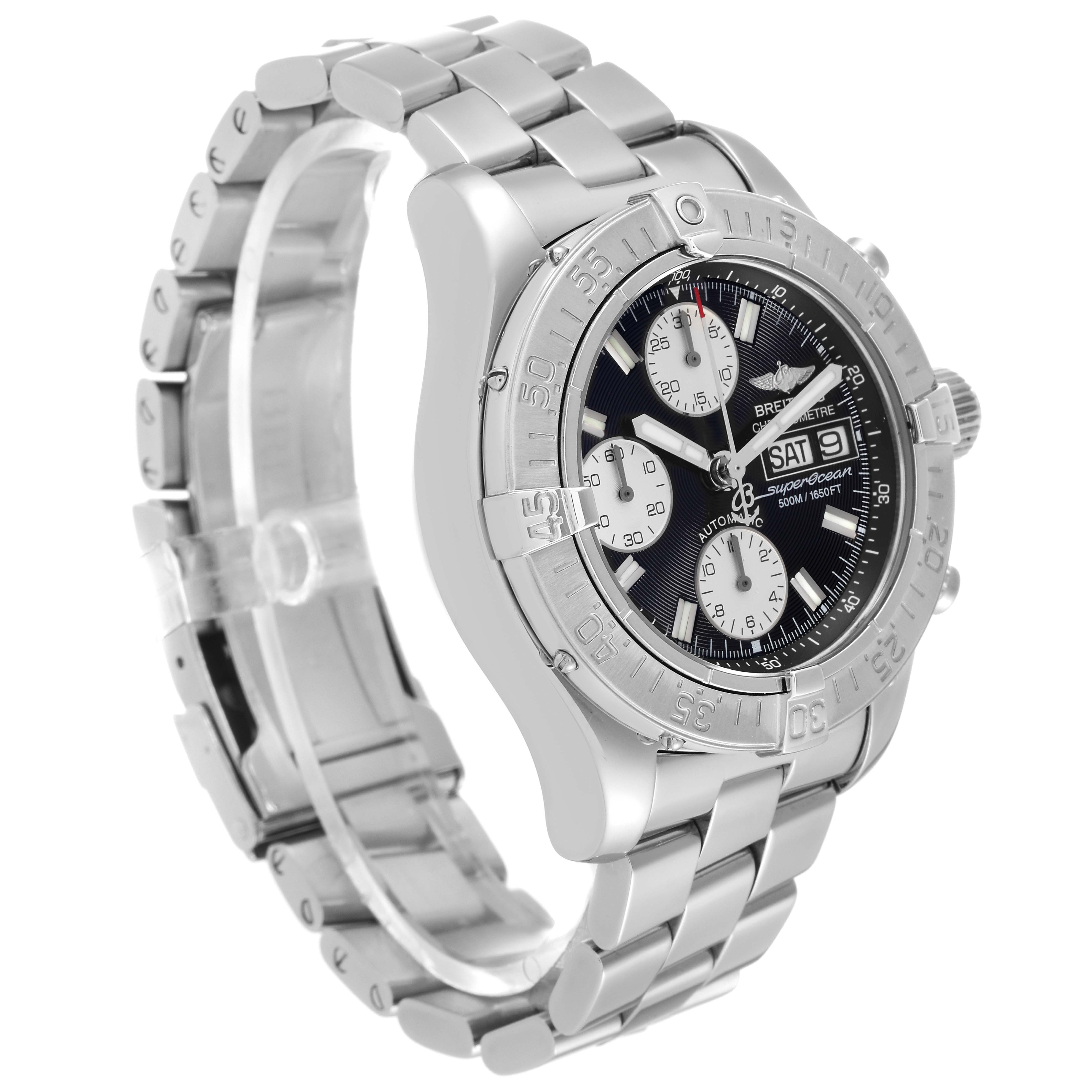 The image shows a Breitling Superocean A13340 Men's Stainless Steel Black Dial A13340 Men's Stainless Steel Black Dial watch from a front left angle, showcasing the bezel, dial, and stainless steel bracelet.