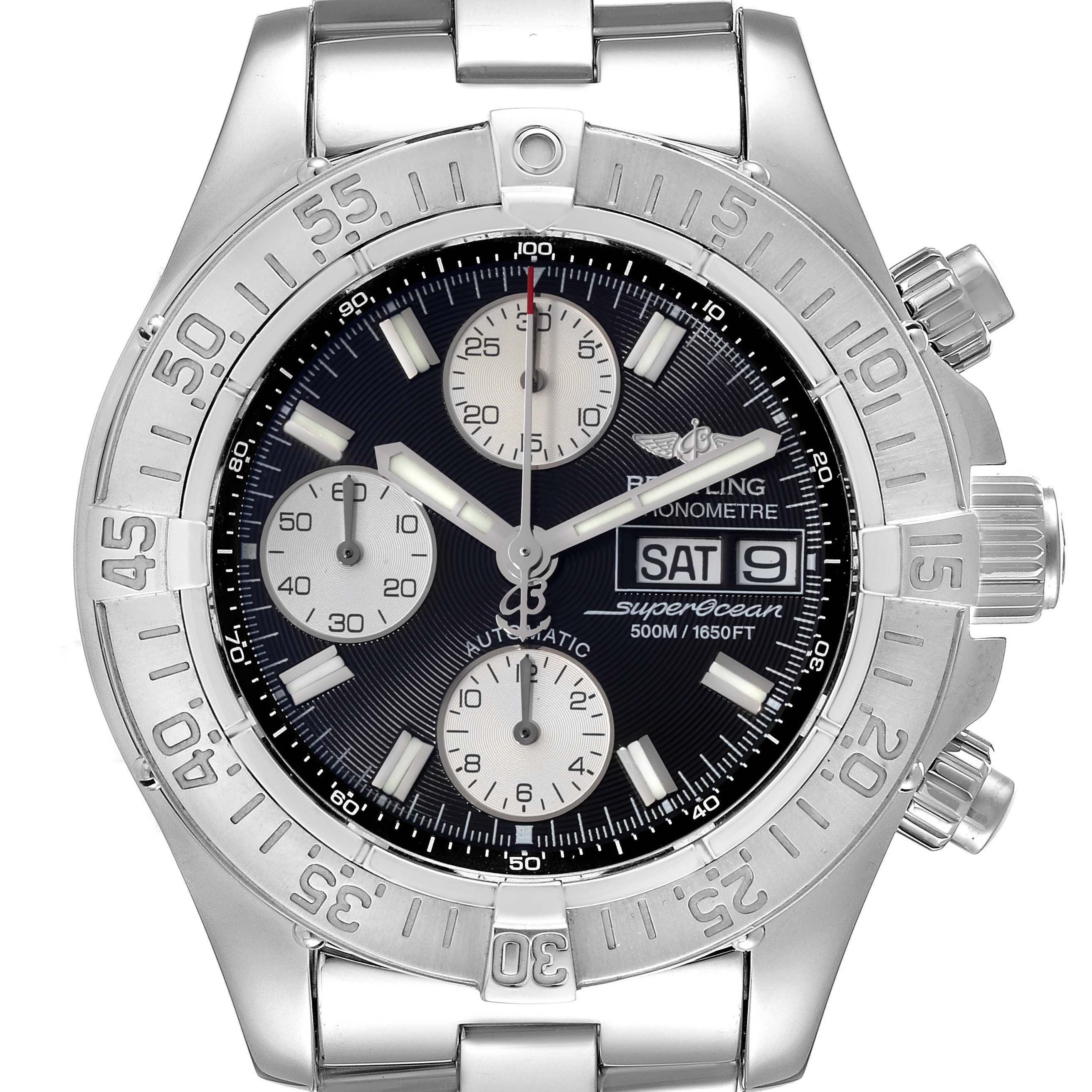 The image displays a front view of the Breitling Superocean A13340 Men's Stainless Steel Black Dial A13340 Men's Stainless Steel Black Dial watch, showcasing its dial, bezel, and stainless steel bracelet.