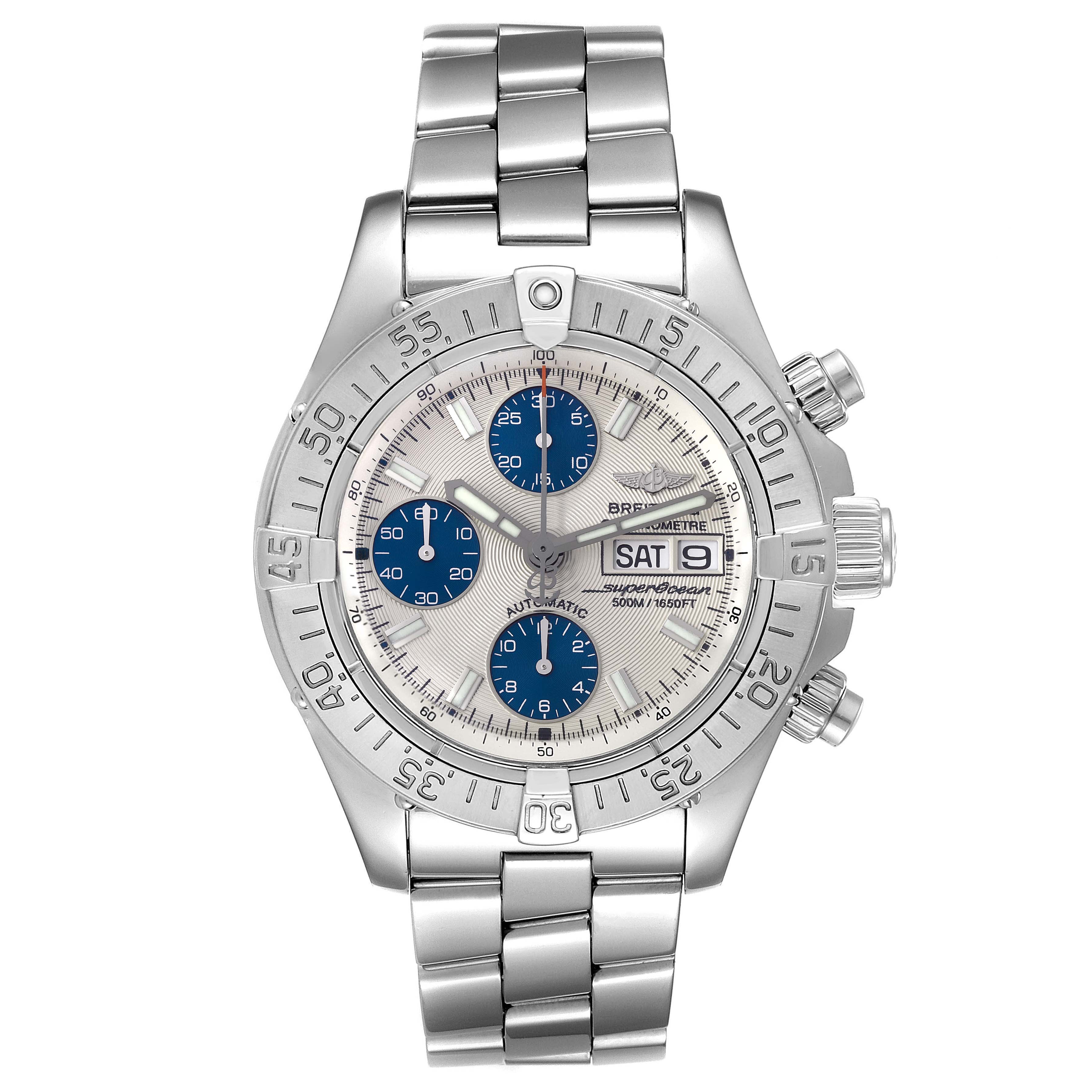 This Breitling Superocean A13340 Men's Stainless Steel Beige Dial A13340 Men's Stainless Steel Beige Dial watch is shown from a front view, depicting the dial, bracelet, bezel, and chronograph subdials.
