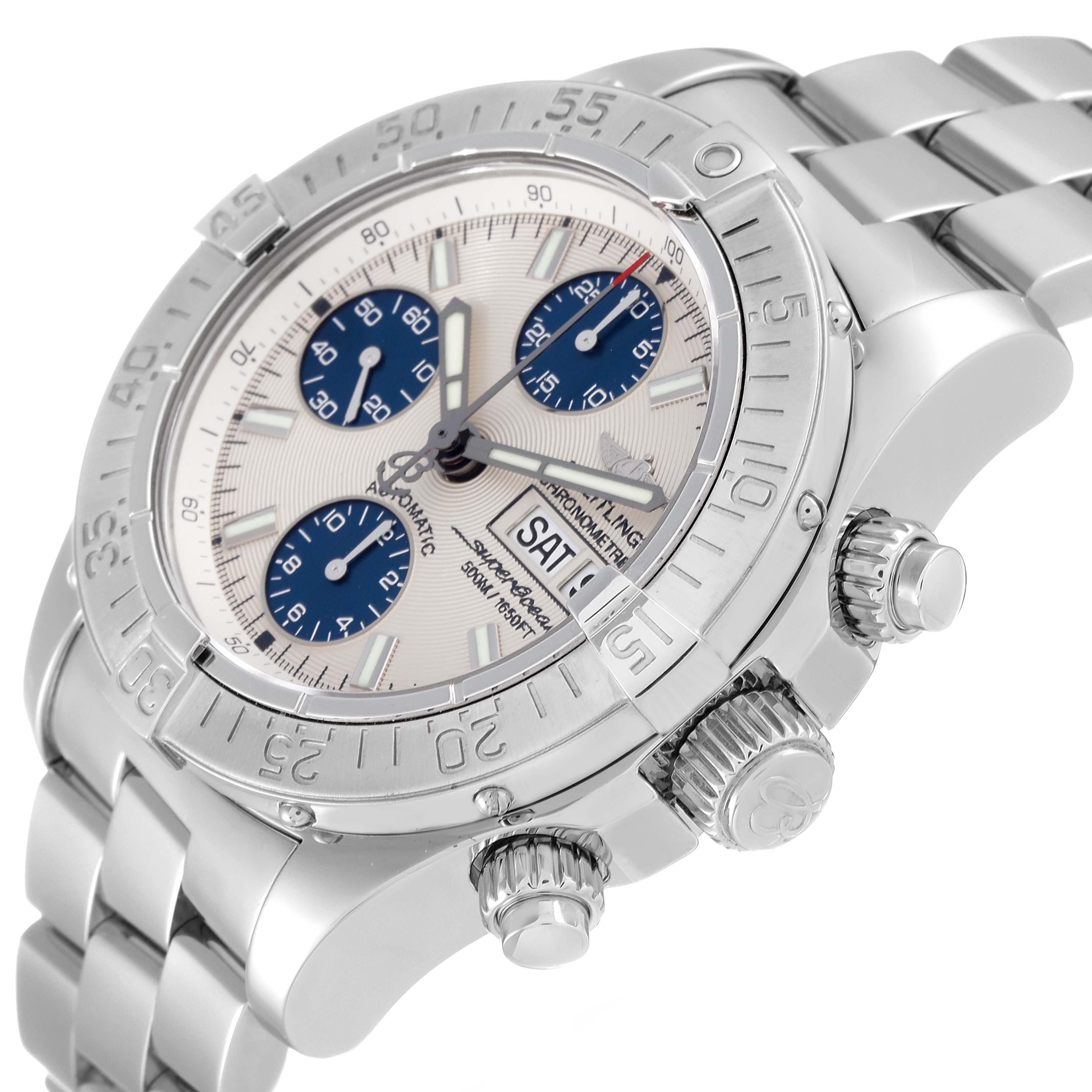 The Breitling Superocean A13340 Men's Stainless Steel Beige Dial A13340 Men's Stainless Steel Beige Dial watch is shown at an angled close-up, highlighting its bezel, dial, crown, and pushers.