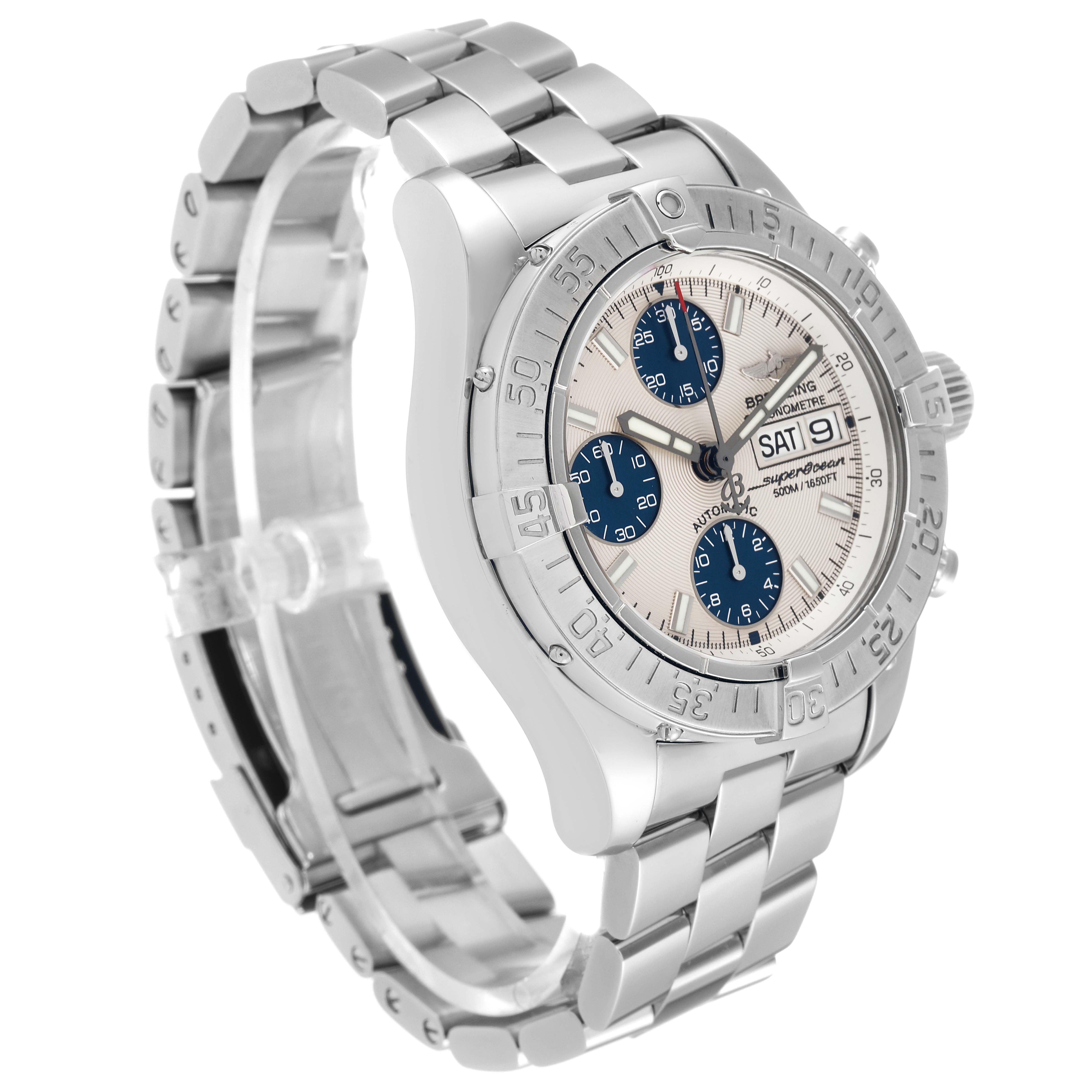 The image shows a side angle view of a Breitling Superocean A13340 Men's Stainless Steel Beige Dial A13340 Men's Stainless Steel Beige Dial watch, highlighting its bezel, dial, and stainless steel bracelet.