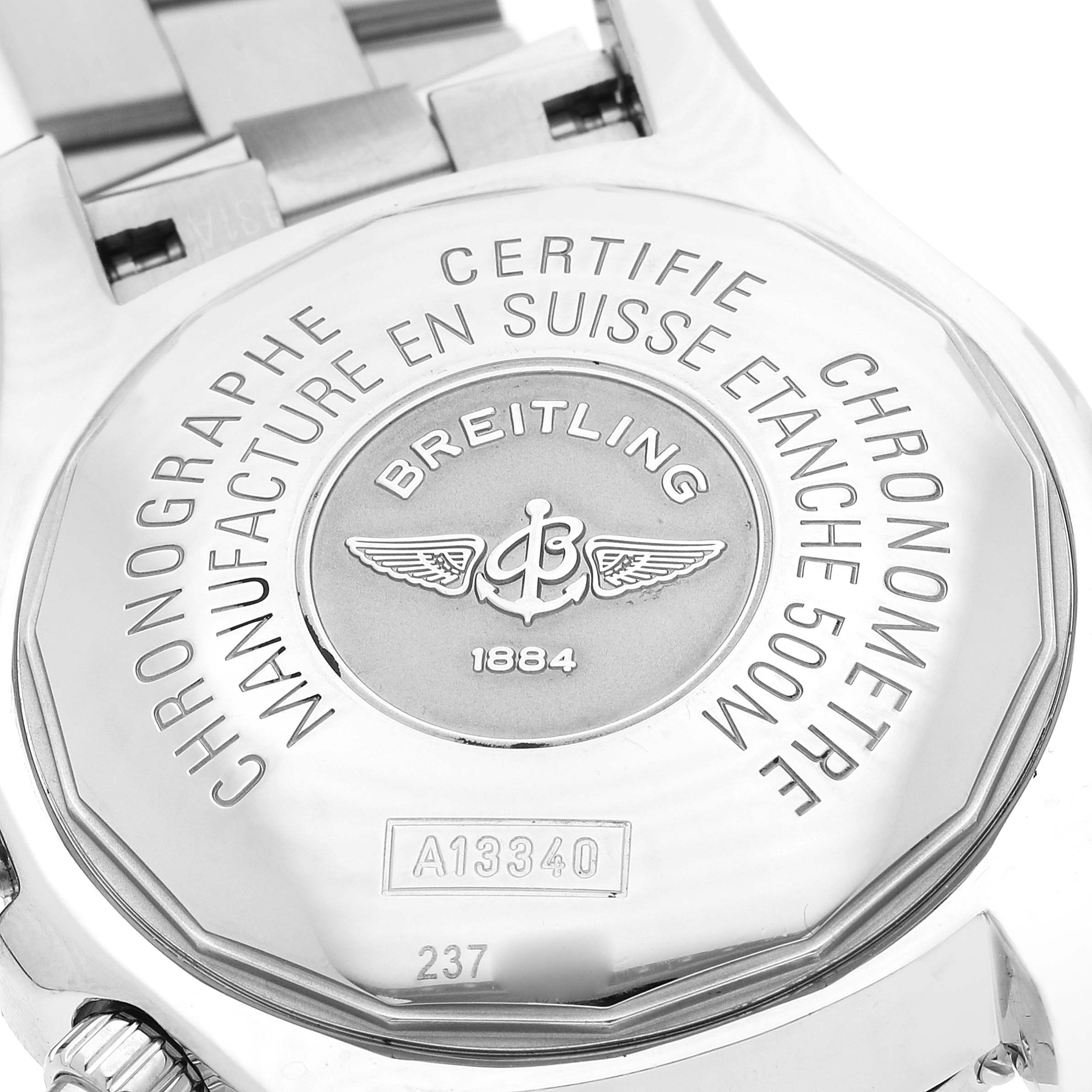 The image shows the back of a Breitling Superocean A13340 Men's Stainless Steel Beige Dial A13340 Men's Stainless Steel Beige Dial watch with branding and specifications engraved.