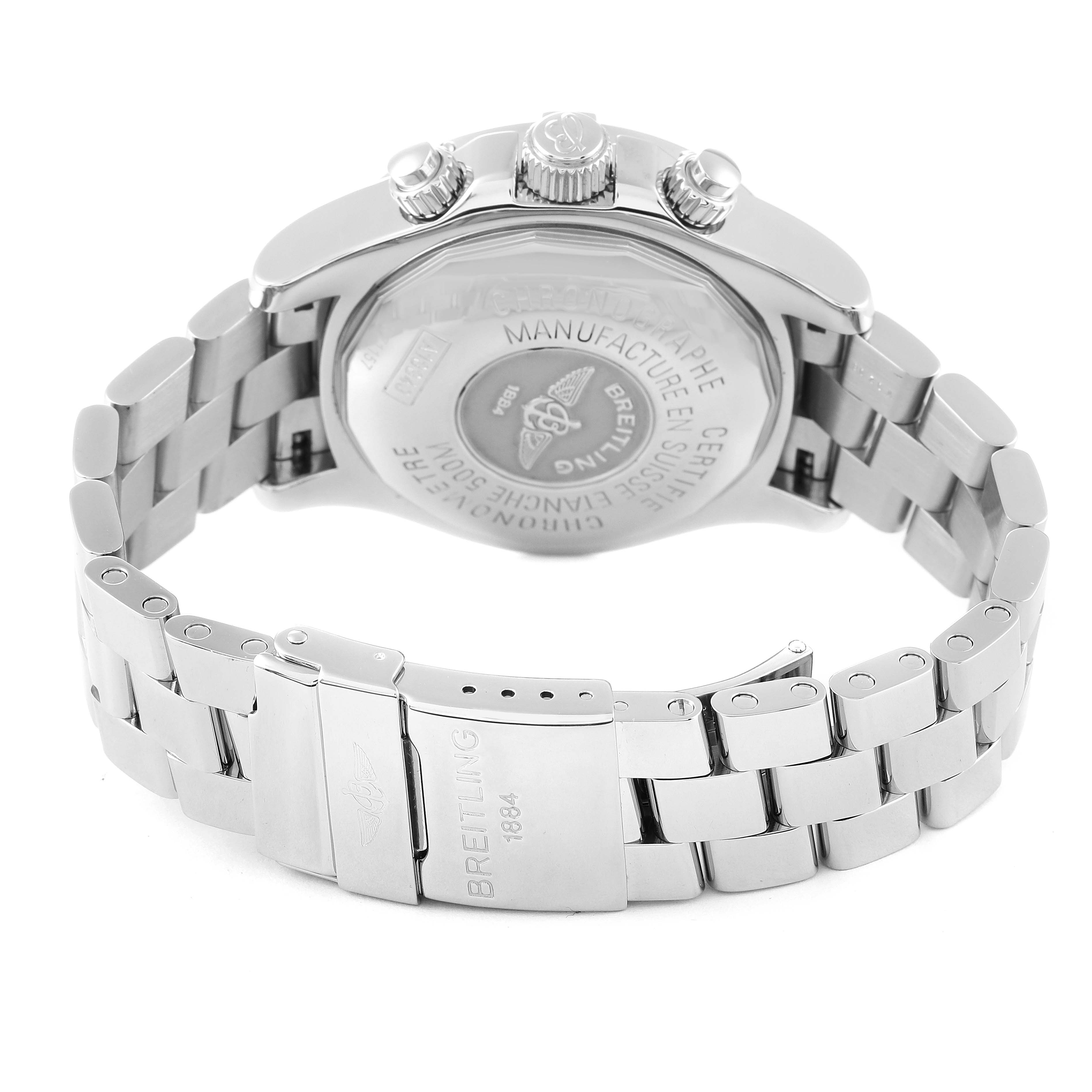 The image shows the back view of a Breitling Superocean A13340 Men's Stainless Steel Beige Dial A13340 Men's Stainless Steel Beige Dial watch, featuring the case back and metal bracelet clasp.