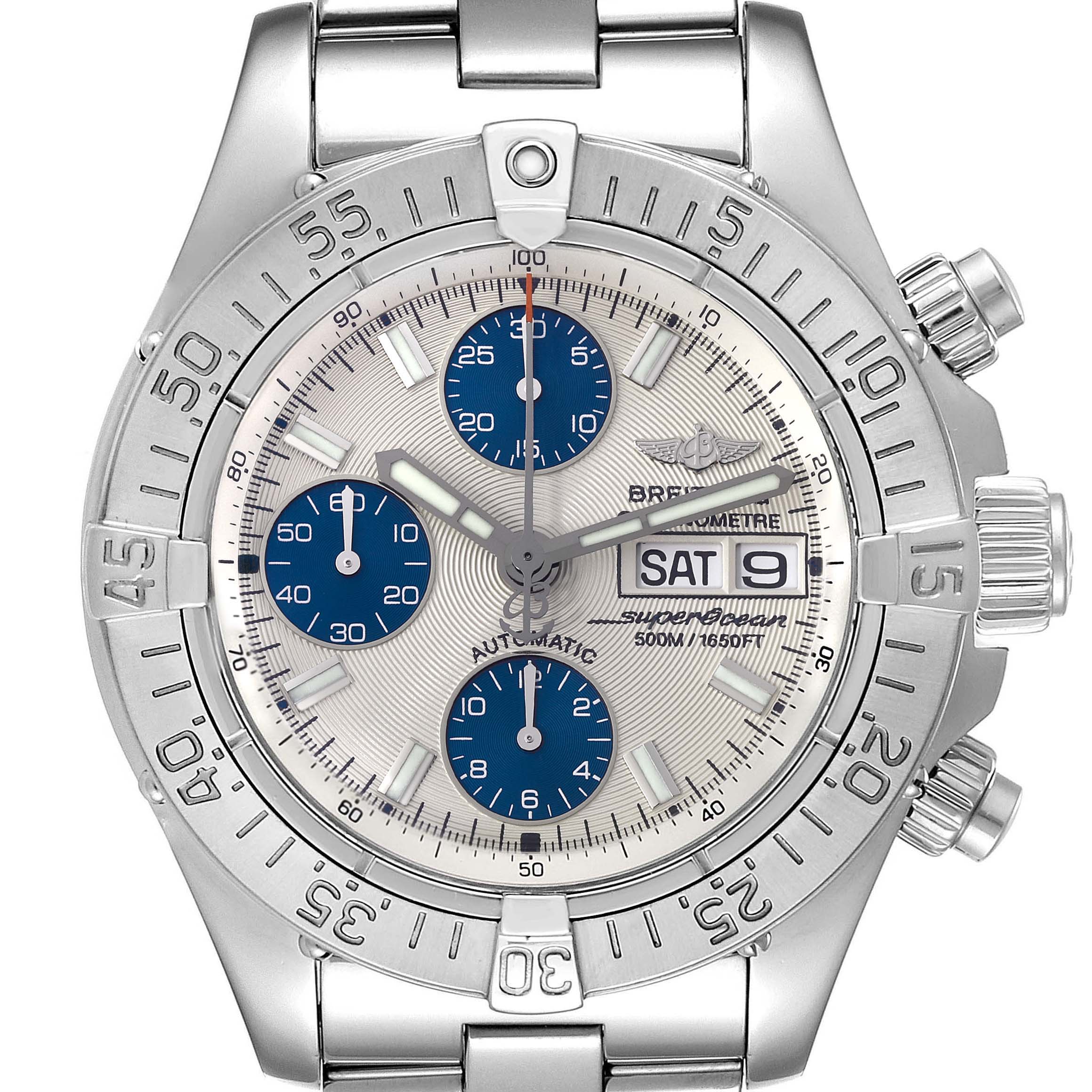 The Breitling Superocean A13340 Men's Stainless Steel Beige Dial A13340 Men's Stainless Steel Beige Dial watch is shown from a front angle, highlighting the dial, bezel, chronograph subdials, and bracelet.