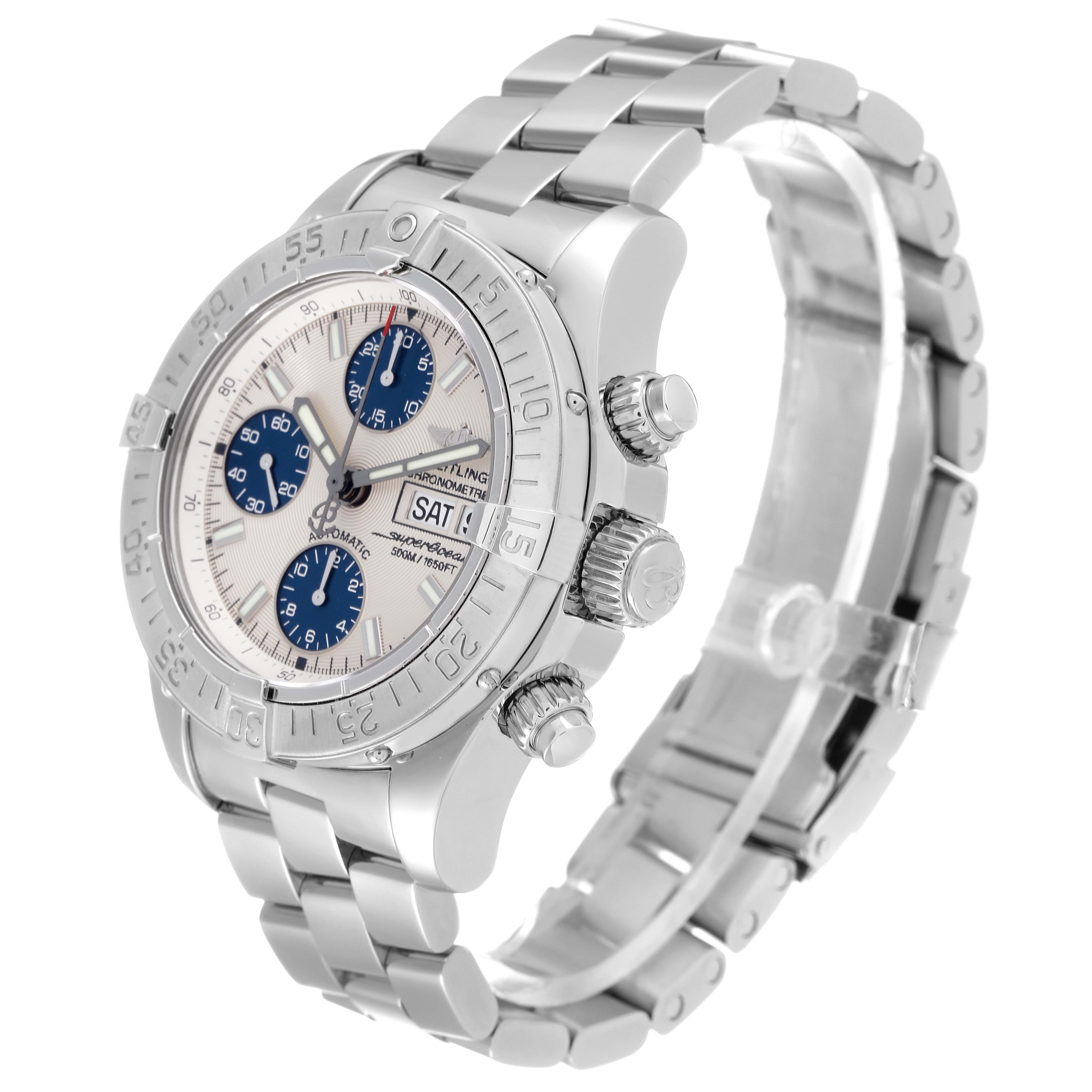 The image shows a Breitling Superocean A13340 Men's Stainless Steel Beige Dial A13340 Men's Stainless Steel Beige Dial watch at a three-quarter angle, highlighting its face, bezel, and metal bracelet.