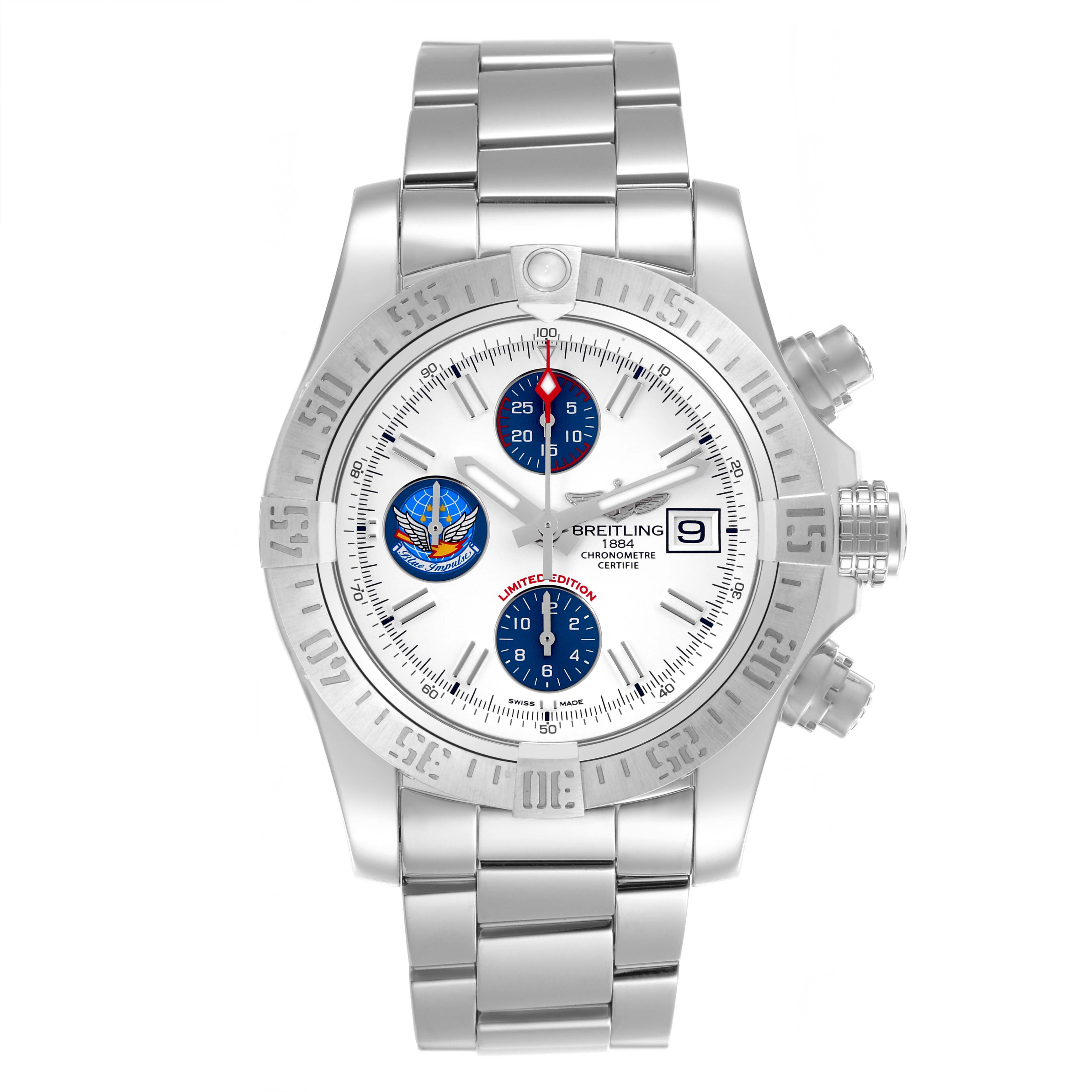 The Breitling Avenger A133811A/A811 Men's Stainless Steel White Dial A133811A/A811 Men's Stainless Steel White Dial watch is shown from the front, displaying its dial, bezel, subdials, pushers, and bracelet.