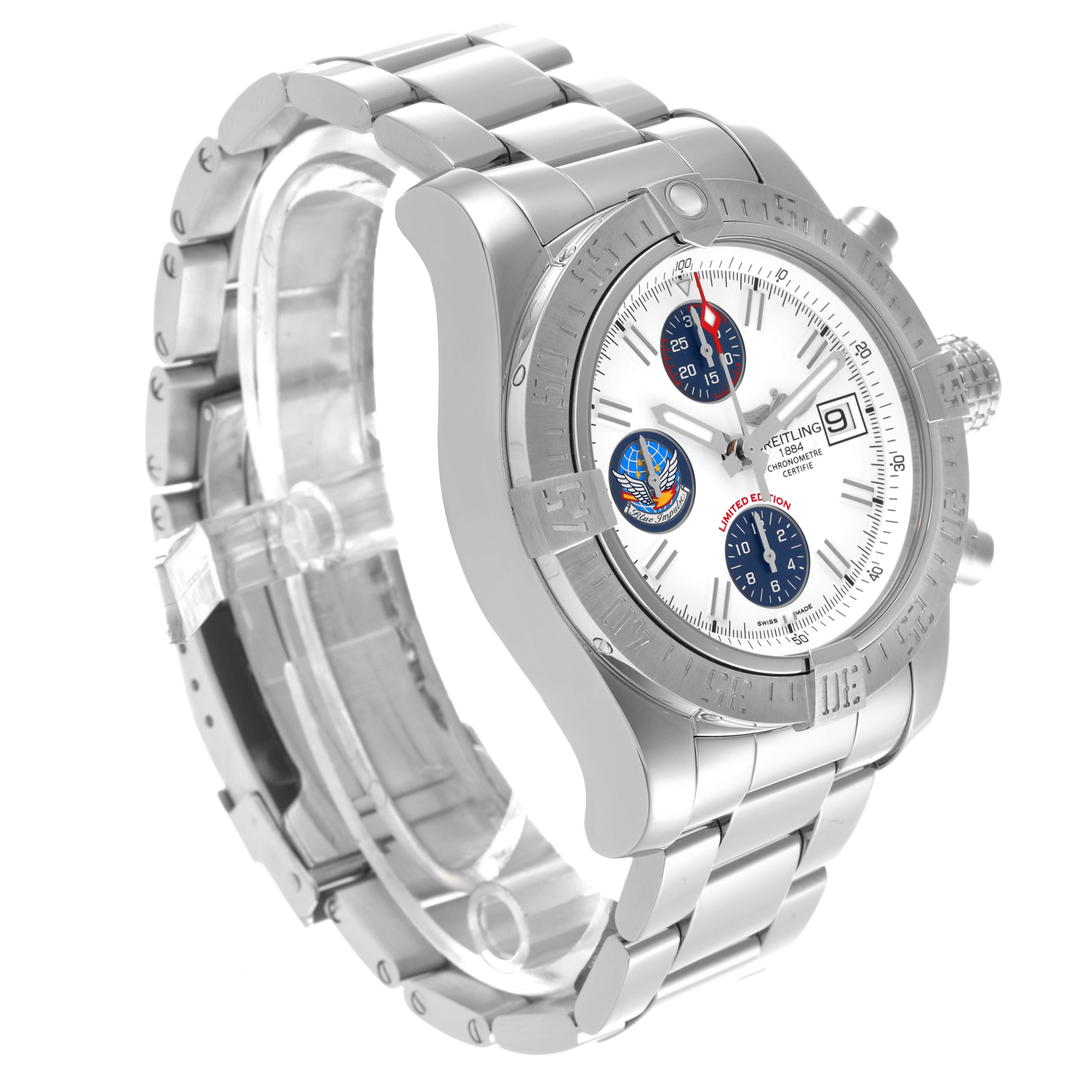 The Breitling Avenger A133811A/A811 Men's Stainless Steel White Dial A133811A/A811 Men's Stainless Steel White Dial watch is shown at a three-quarter angle, highlighting the face, bezel, and bracelet.