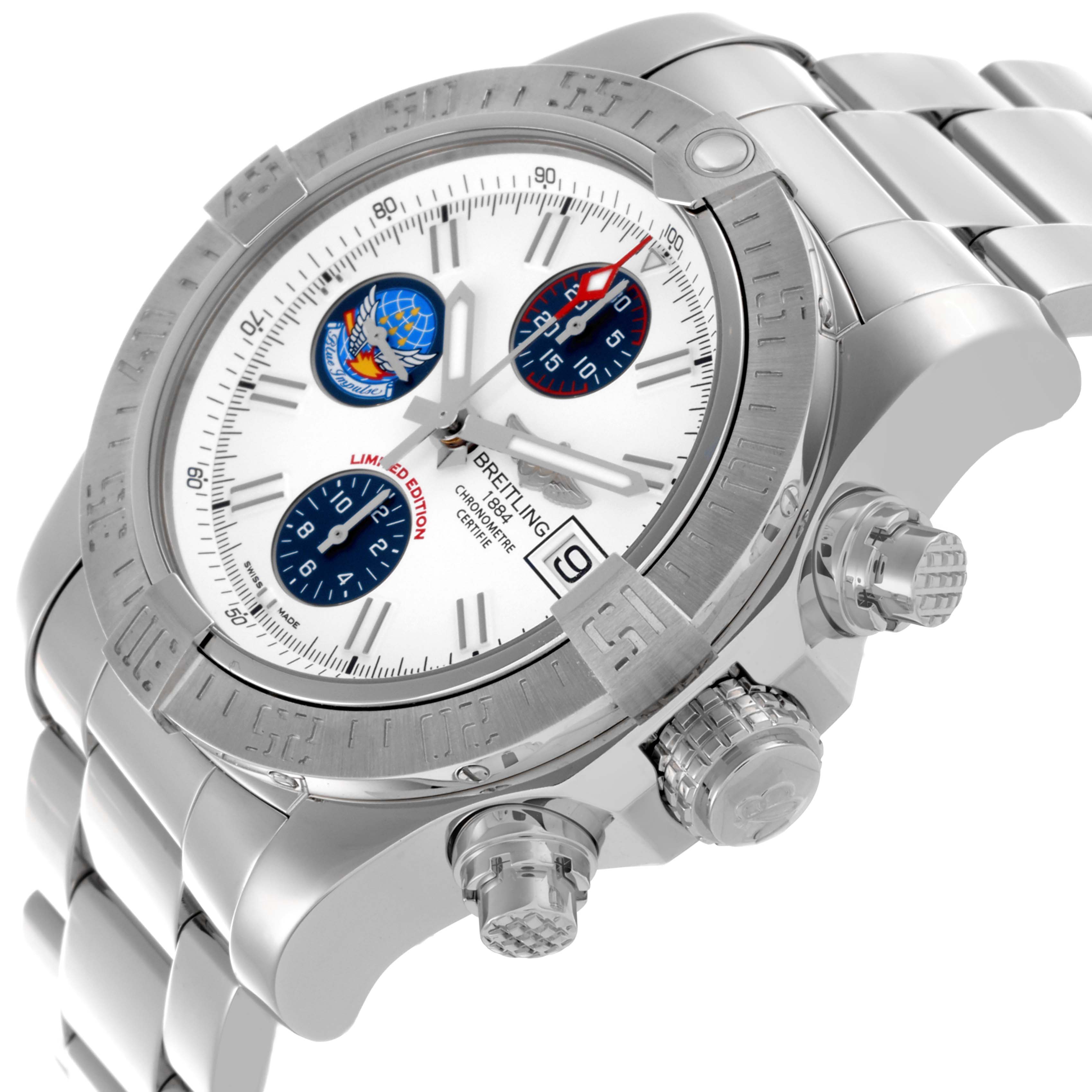 The Breitling Avenger A133811A/A811 Men's Stainless Steel White Dial A133811A/A811 Men's Stainless Steel White Dial watch is shown at an angled view highlighting the bezel, crown, chronograph pushers, and metal bracelet.