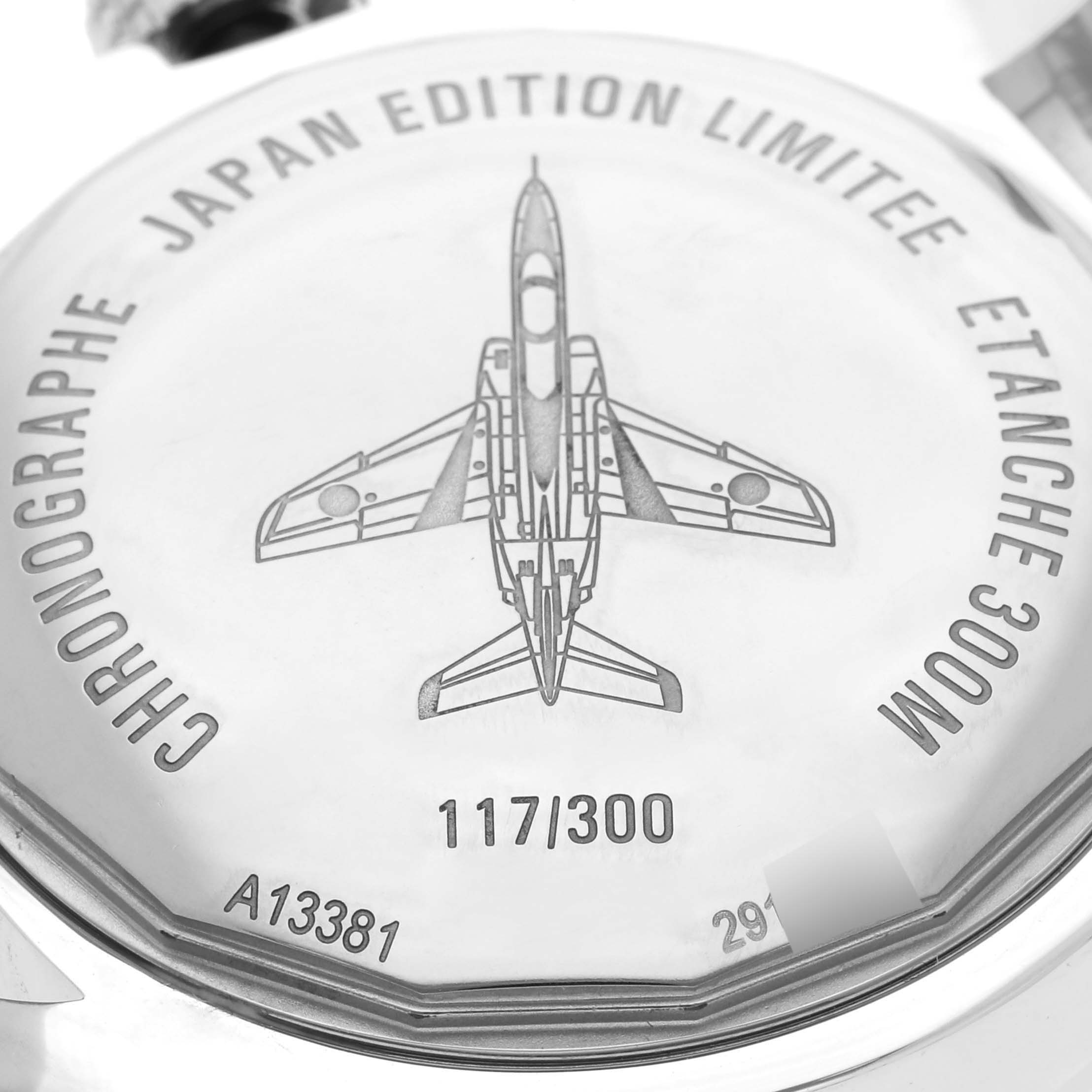 The image shows the back case of a Breitling Avenger A133811A/A811 Men's Stainless Steel White Dial A133811A/A811 Men's Stainless Steel White Dial watch featuring an engraved plane and limited edition details.
