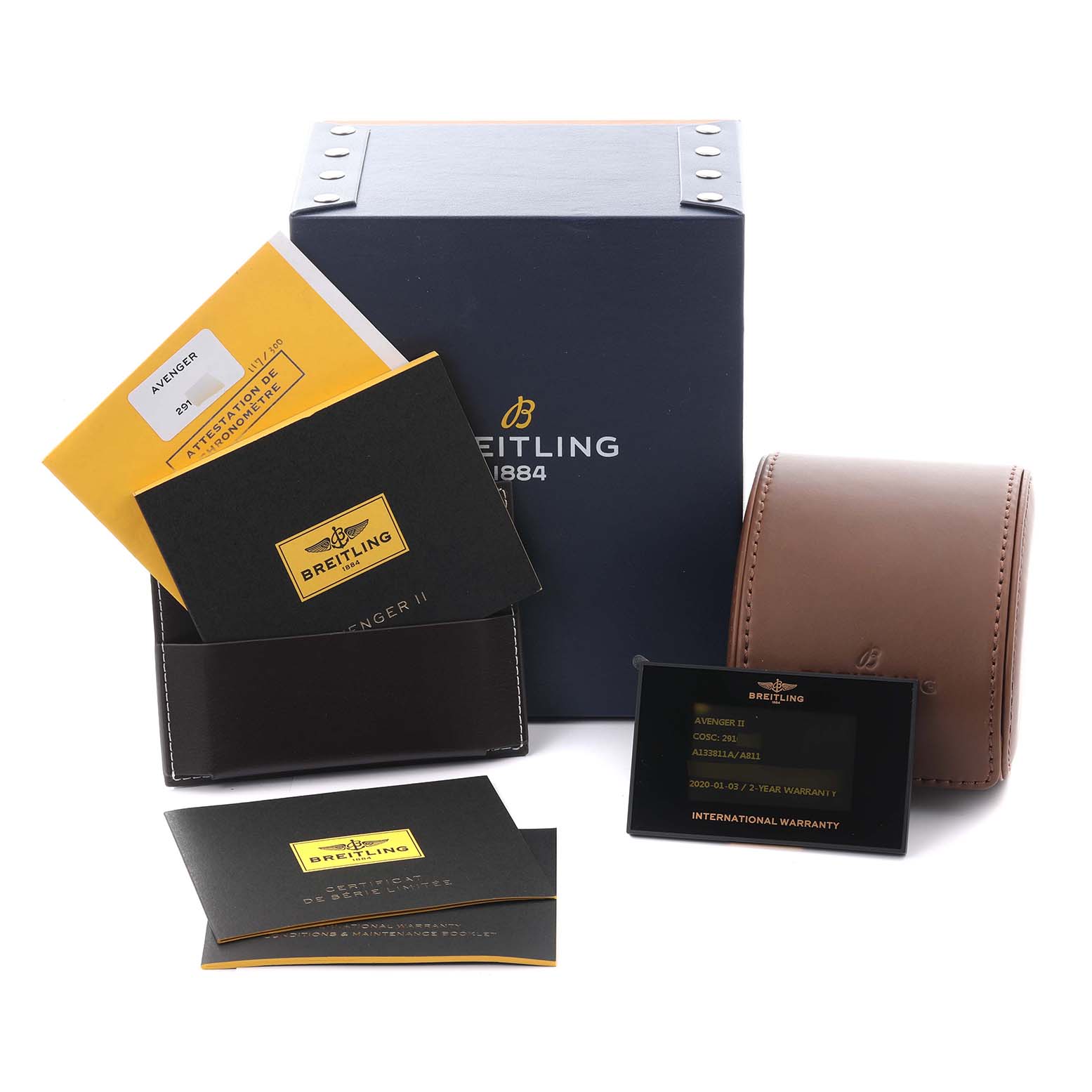 The image shows the Breitling Avenger A133811A/A811 Men's Stainless Steel White Dial A133811A/A811 Men's Stainless Steel White Dial watch packaging, manuals, warranty card, and a brown leather pouch, all photographed from the front.