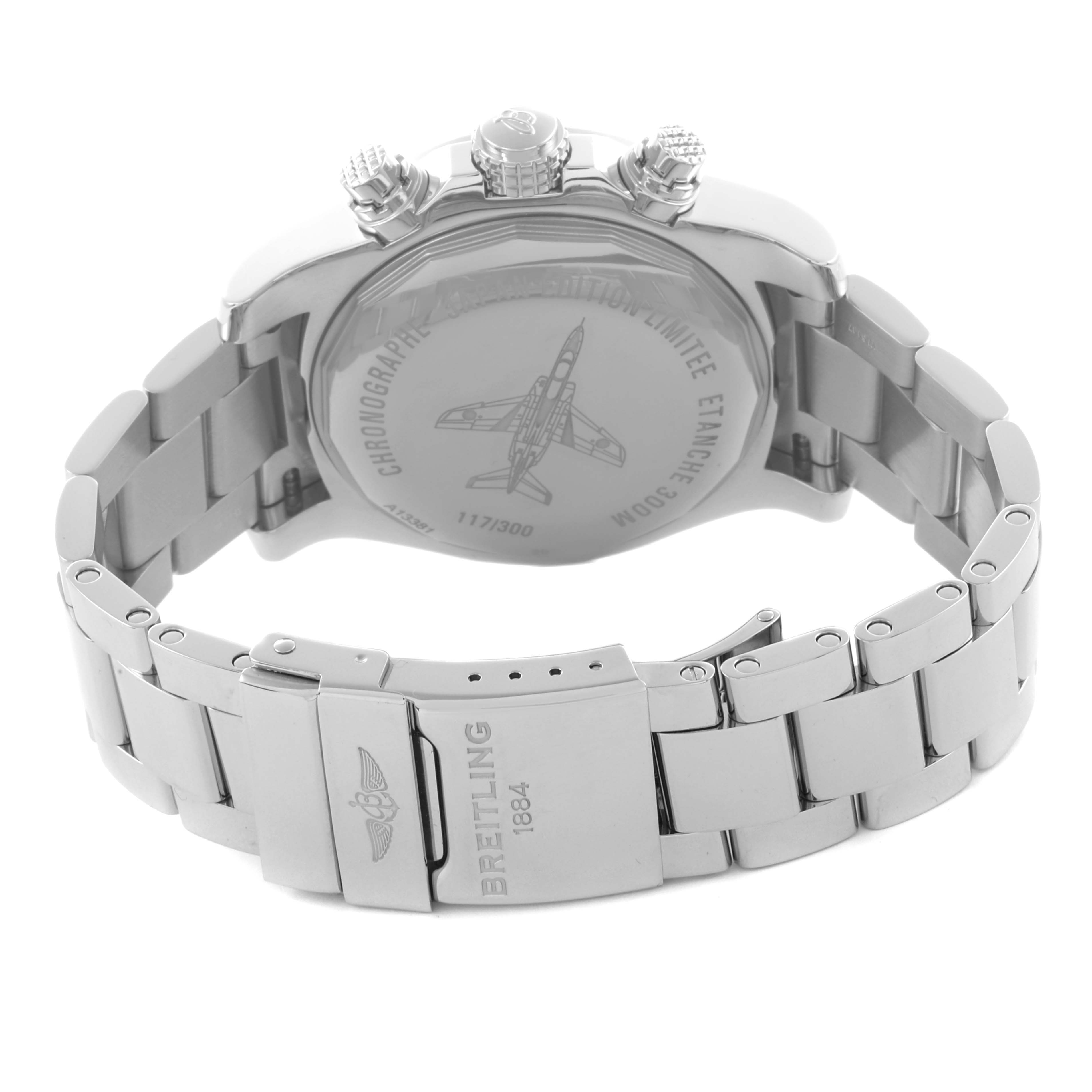 The Breitling Avenger A133811A/A811 Men's Stainless Steel White Dial A133811A/A811 Men's Stainless Steel White Dial watch is shown from the back, highlighting the case back, bracelet, and clasp.