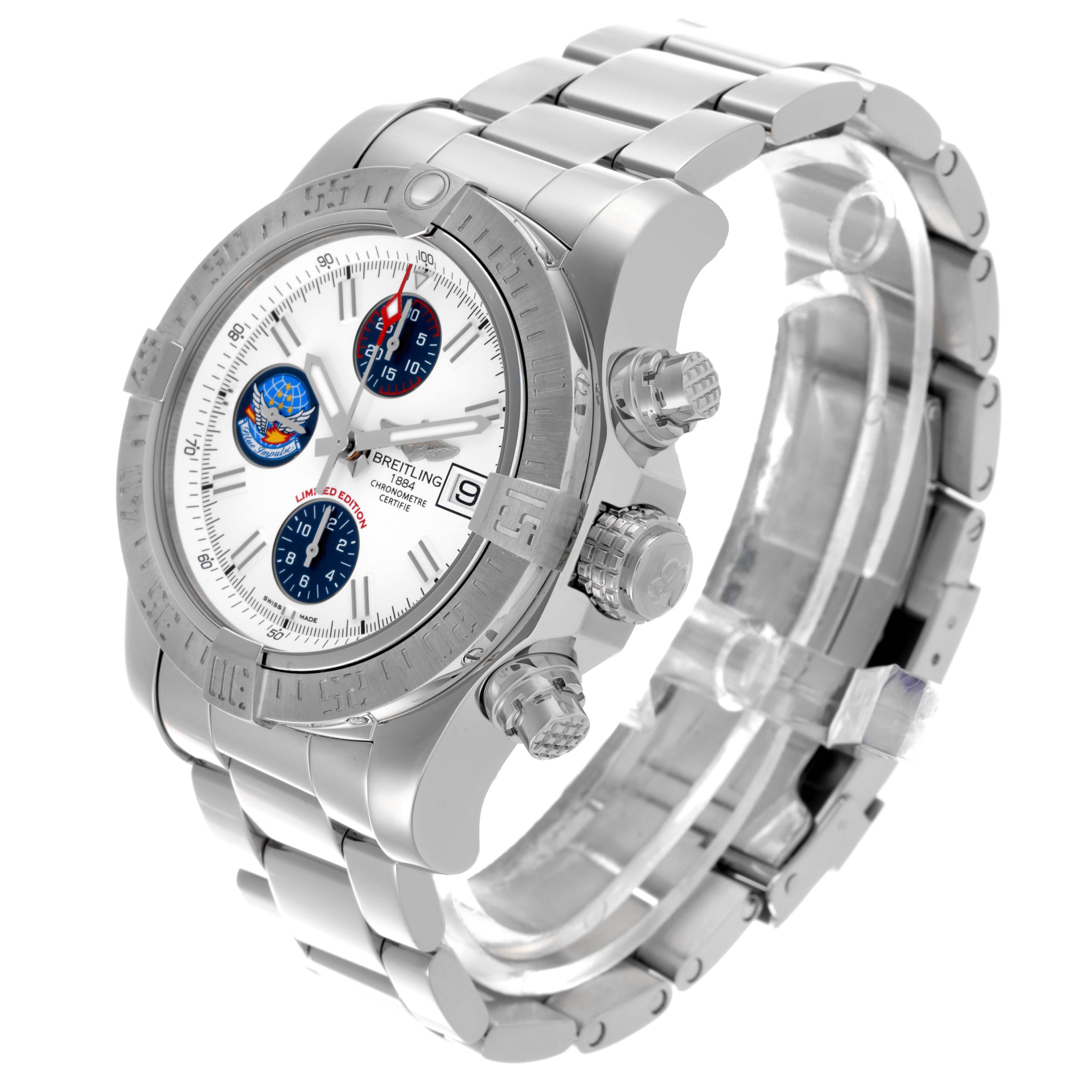 The Breitling Avenger A133811A/A811 Men's Stainless Steel White Dial A133811A/A811 Men's Stainless Steel White Dial watch is shown at an angled side view, displaying the face, bezel, crown, pushers, and metal bracelet.