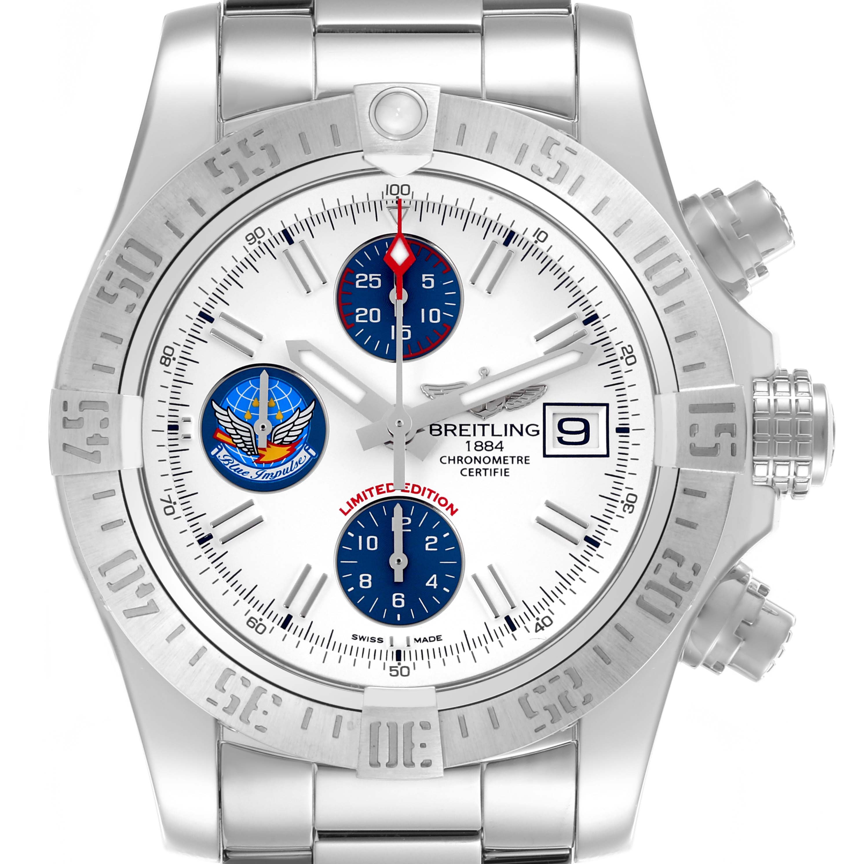 The Breitling Avenger A133811A/A811 Men's Stainless Steel White Dial A133811A/A811 Men's Stainless Steel White Dial watch is shown from a front angle, displaying its face, bezel, subdials, and chronograph pushers.