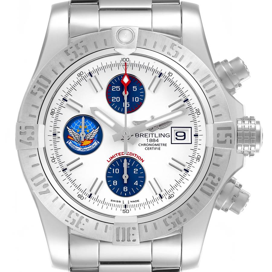 The Breitling Avenger watch is shown from a front angle, displaying its face, bezel, subdials, and chronograph pushers.