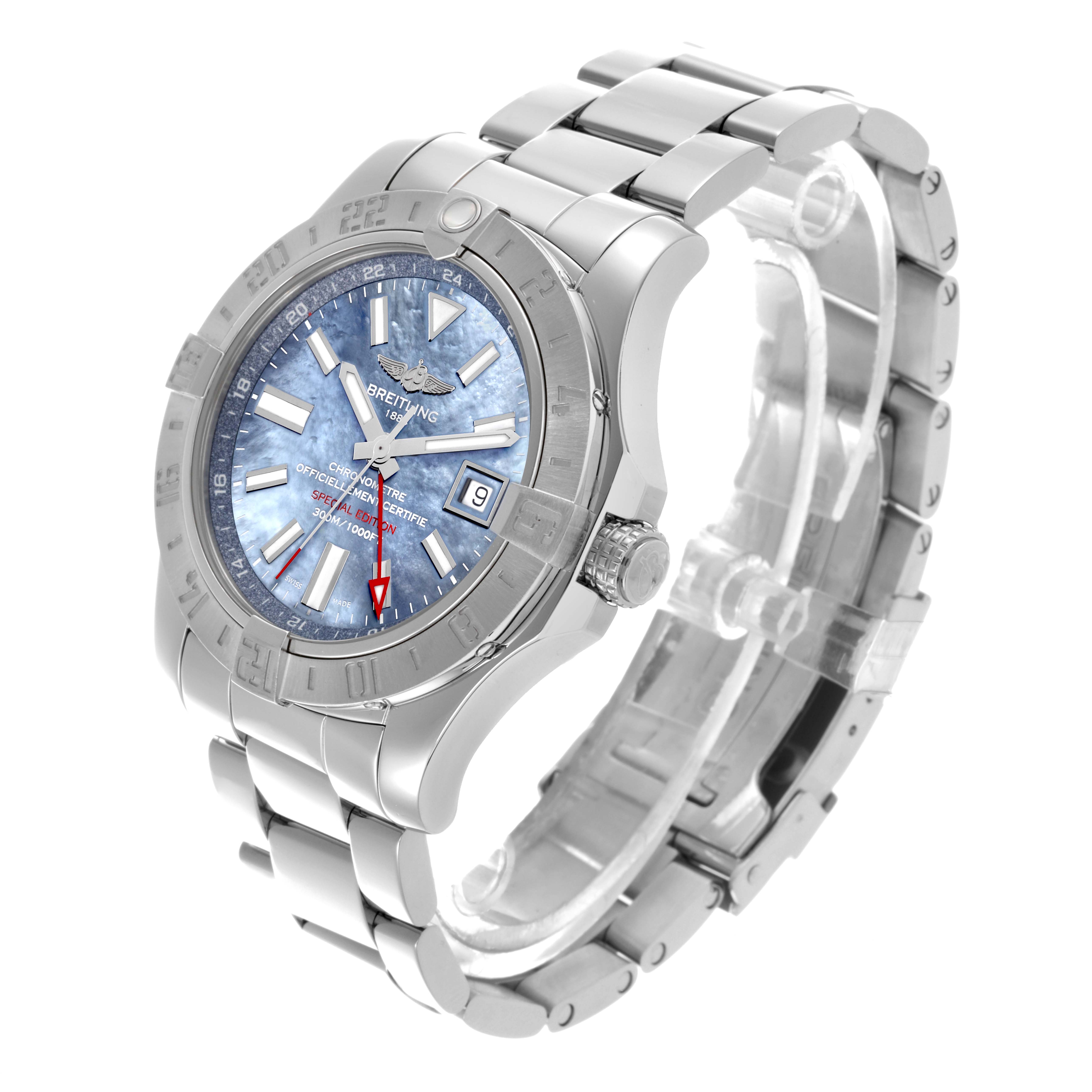 The image shows a Breitling Avenger A32390 Men's Stainless Steel Mother of Pearl Dial A32390 Men's Stainless Steel Mother of Pearl Dial watch at a slight angle, highlighting the face, bezel, and stainless steel bracelet.