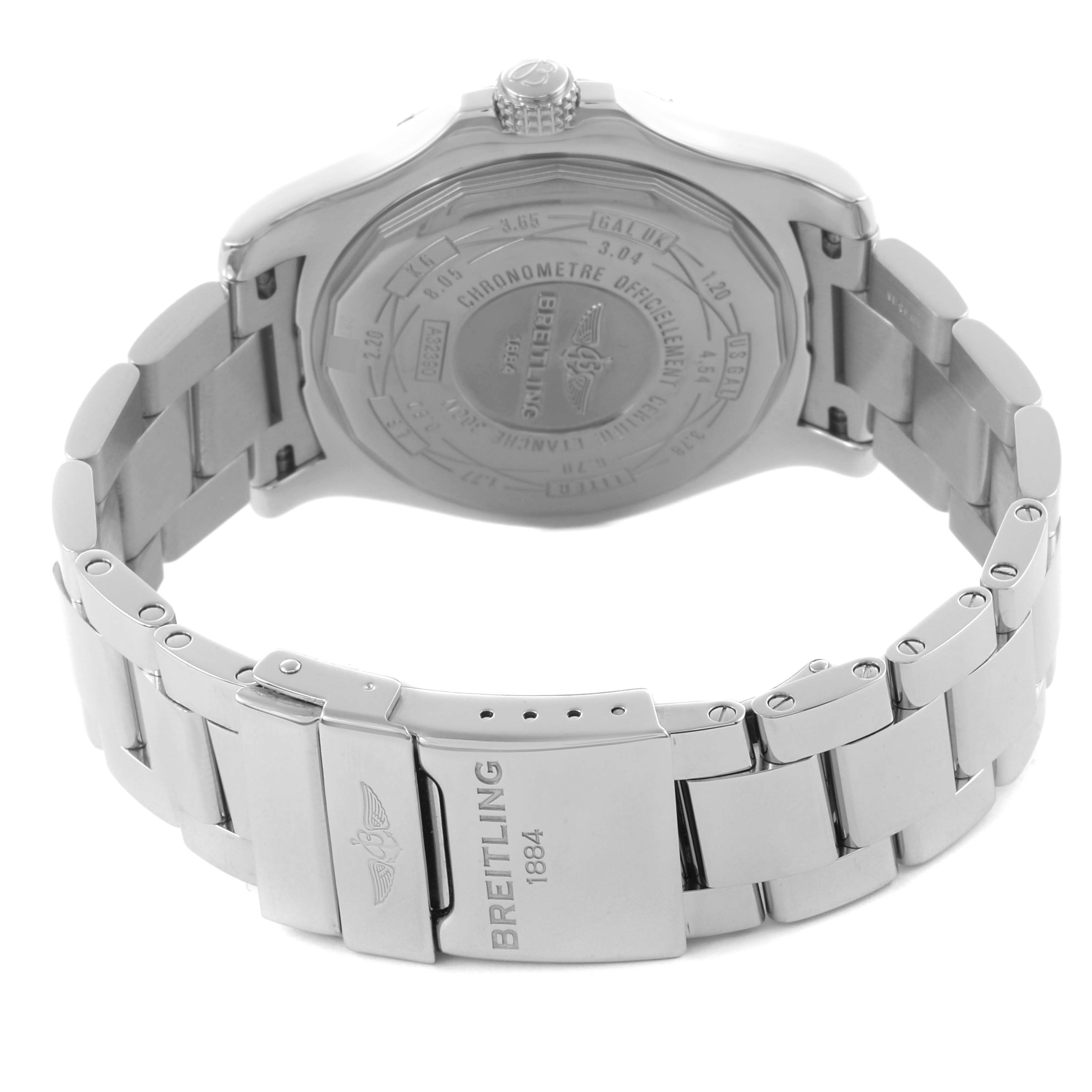 The image shows the back and clasp of the Breitling Avenger A32390 Men's Stainless Steel Mother of Pearl Dial A32390 Men's Stainless Steel Mother of Pearl Dial watch, highlighting the stainless steel bracelet.