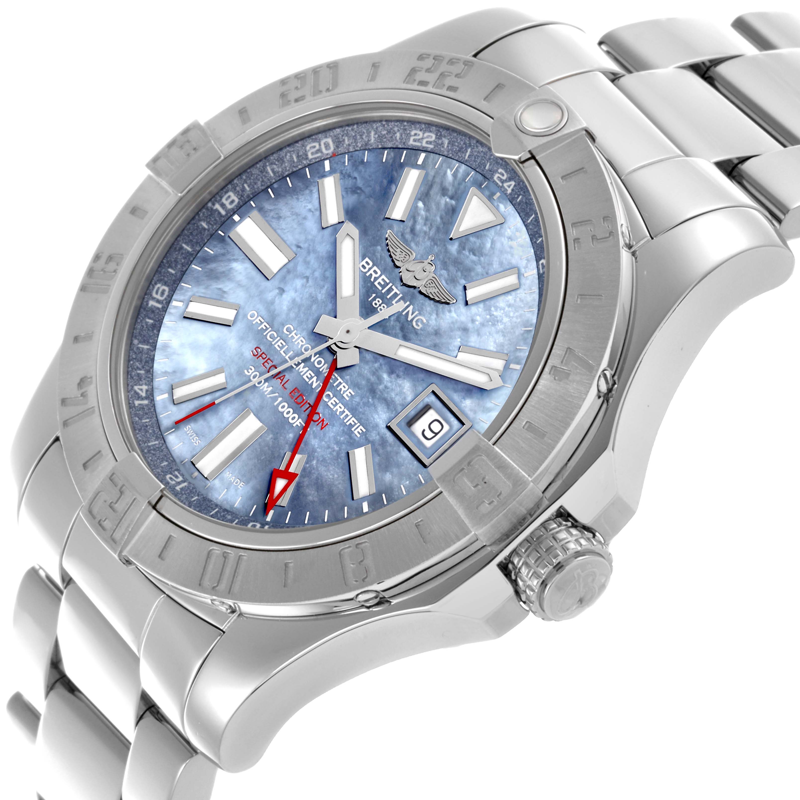 The Breitling Avenger A32390 Men's Stainless Steel Mother of Pearl Dial A32390 Men's Stainless Steel Mother of Pearl Dial watch is shown at an angled close-up, highlighting the dial, bezel, and part of the bracelet.