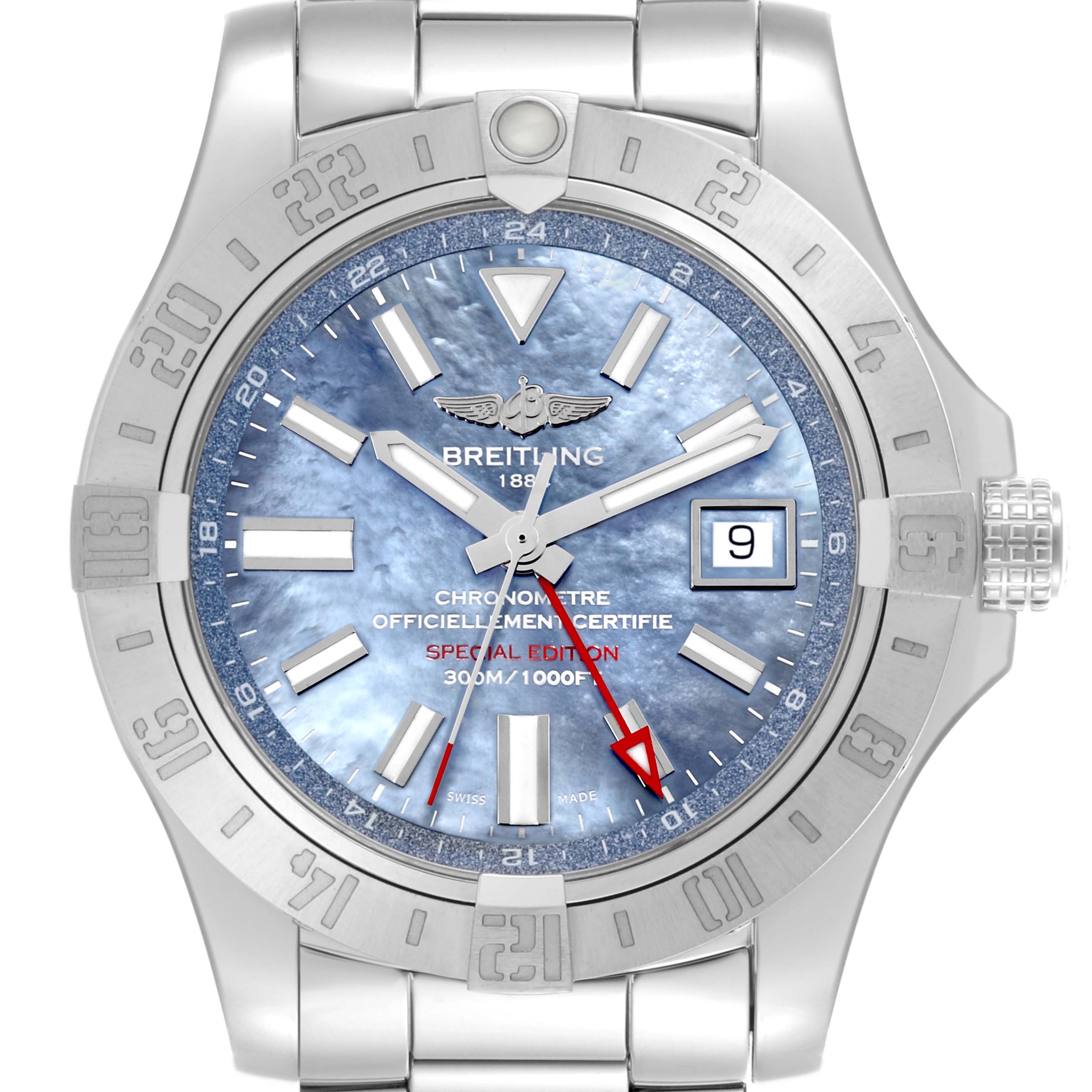 The Breitling Avenger A32390 Men's Stainless Steel Mother of Pearl Dial A32390 Men's Stainless Steel Mother of Pearl Dial watch is shown from a front view, featuring its face, bezel, and part of the bracelet.