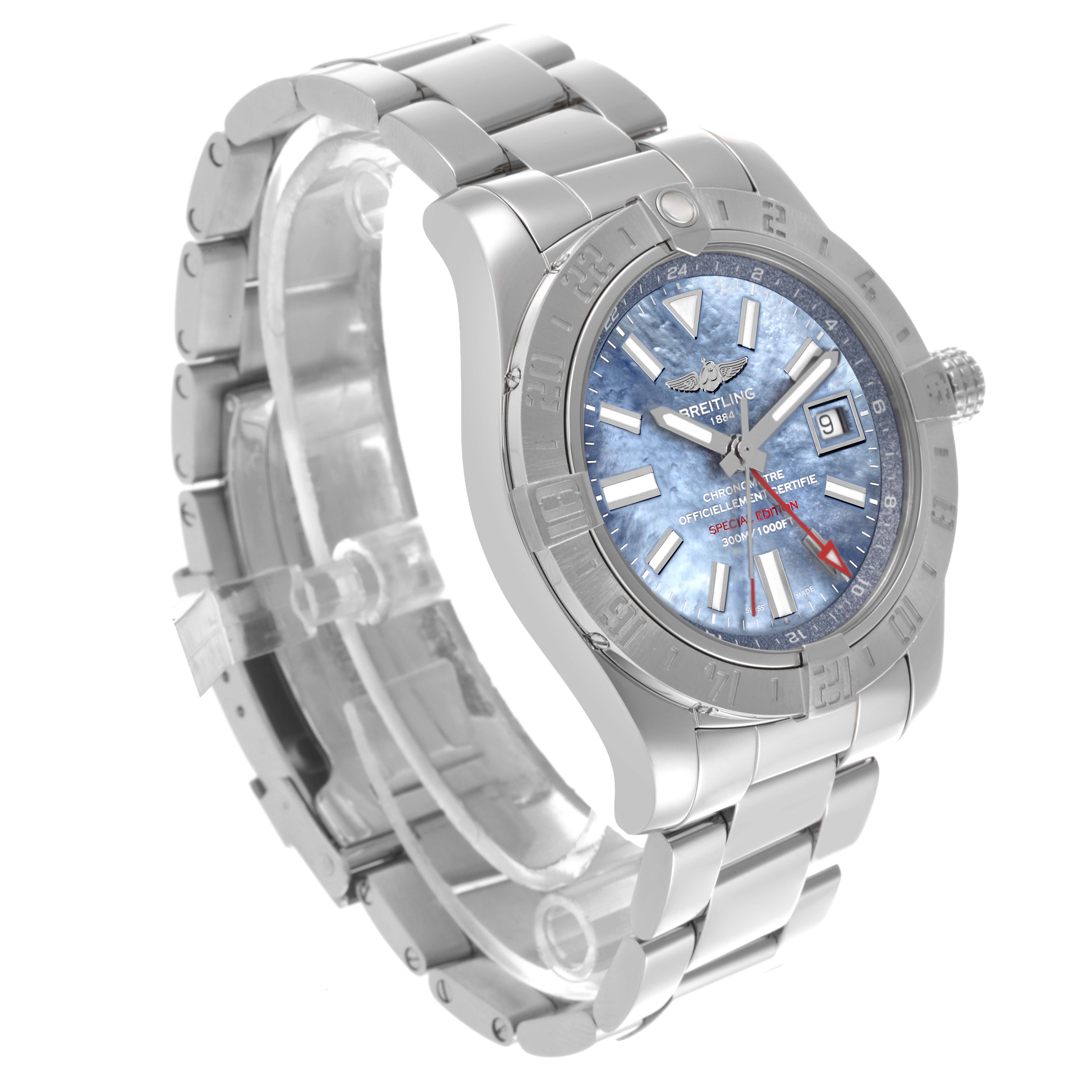 The Breitling Avenger A32390 Men's Stainless Steel Mother of Pearl Dial A32390 Men's Stainless Steel Mother of Pearl Dial watch is shown at a slight angle, highlighting the bracelet, bezel, and dial with a clear view of the date.