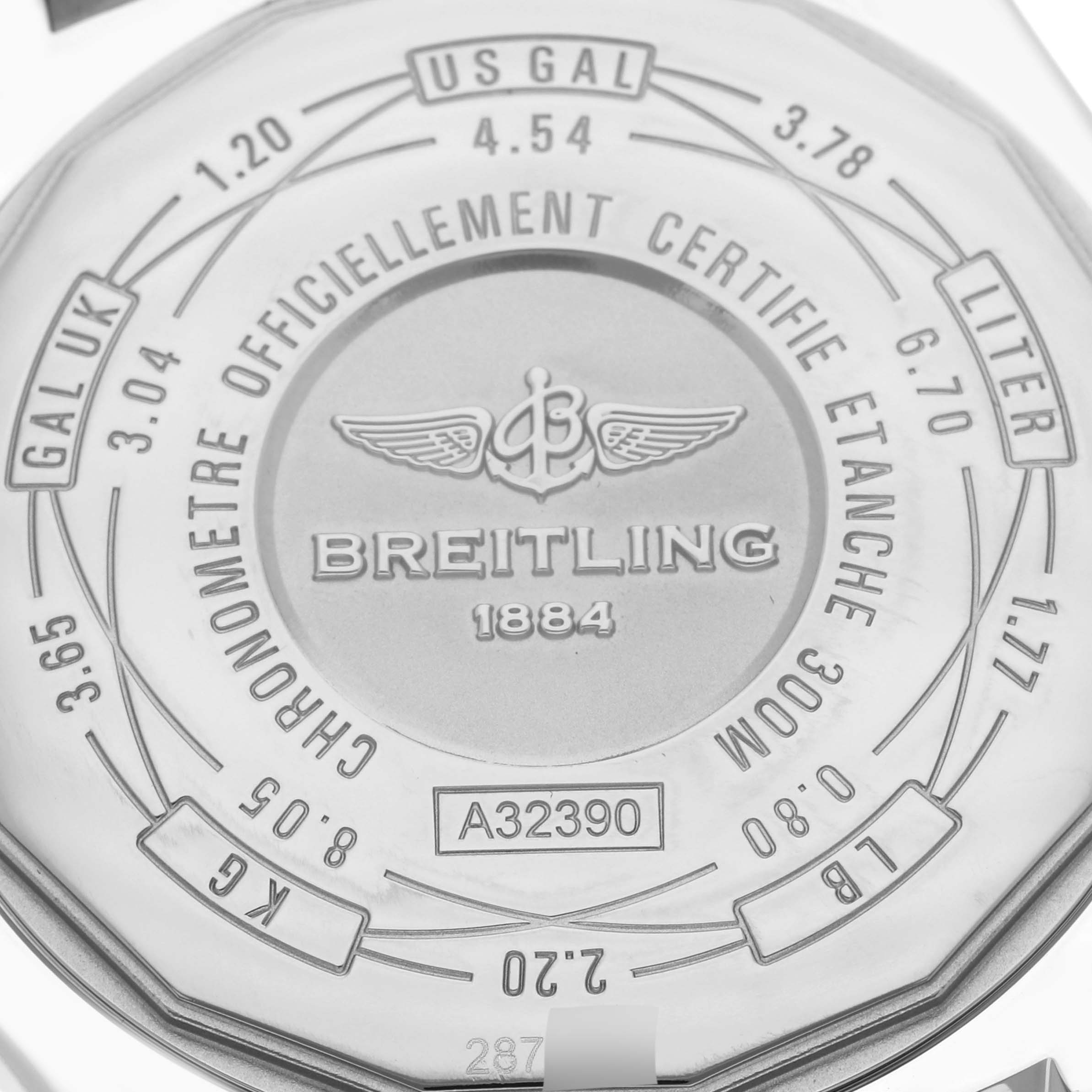 The image shows the back case of the Breitling Avenger A32390 Men's Stainless Steel Mother of Pearl Dial A32390 Men's Stainless Steel Mother of Pearl Dial watch, featuring engravings and model information.