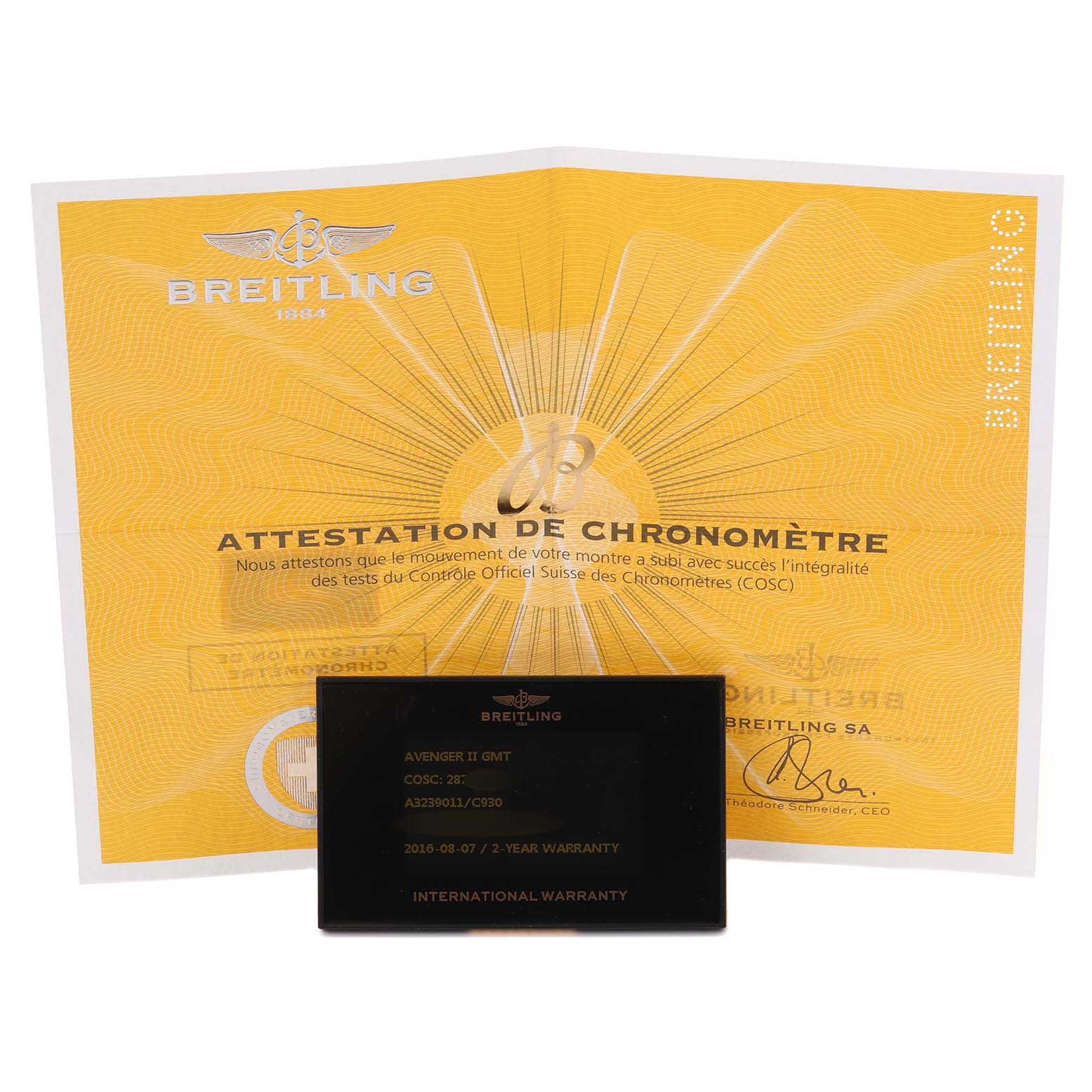 The image displays the warranty card and chronometer certificate for a Breitling Avenger A32390 Men's Stainless Steel Mother of Pearl Dial A32390 Men's Stainless Steel Mother of Pearl Dial watch.