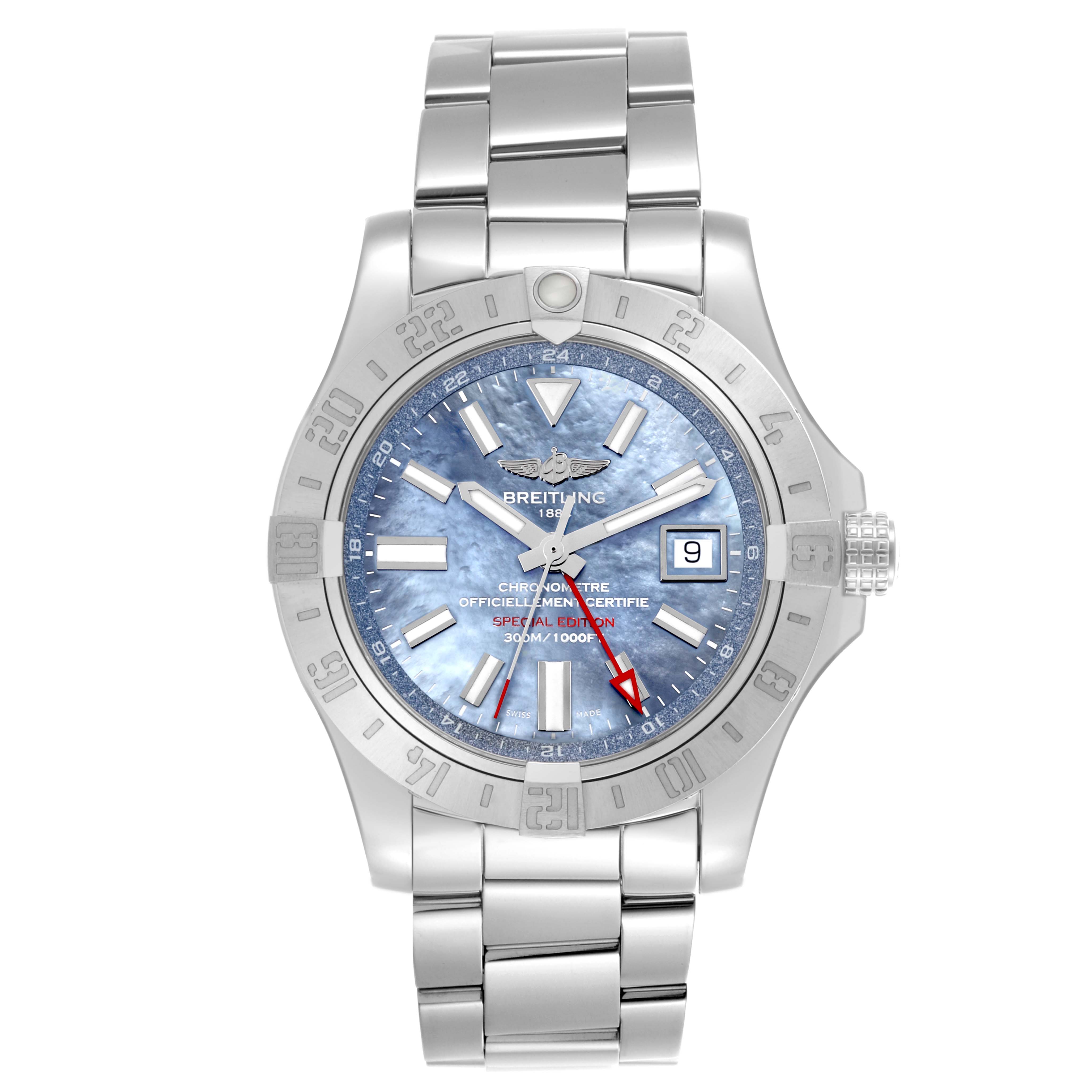 The Breitling Avenger A32390 Men's Stainless Steel Mother of Pearl Dial A32390 Men's Stainless Steel Mother of Pearl Dial watch is shown from the front, highlighting the dial, bezel, bracelet, and crown.