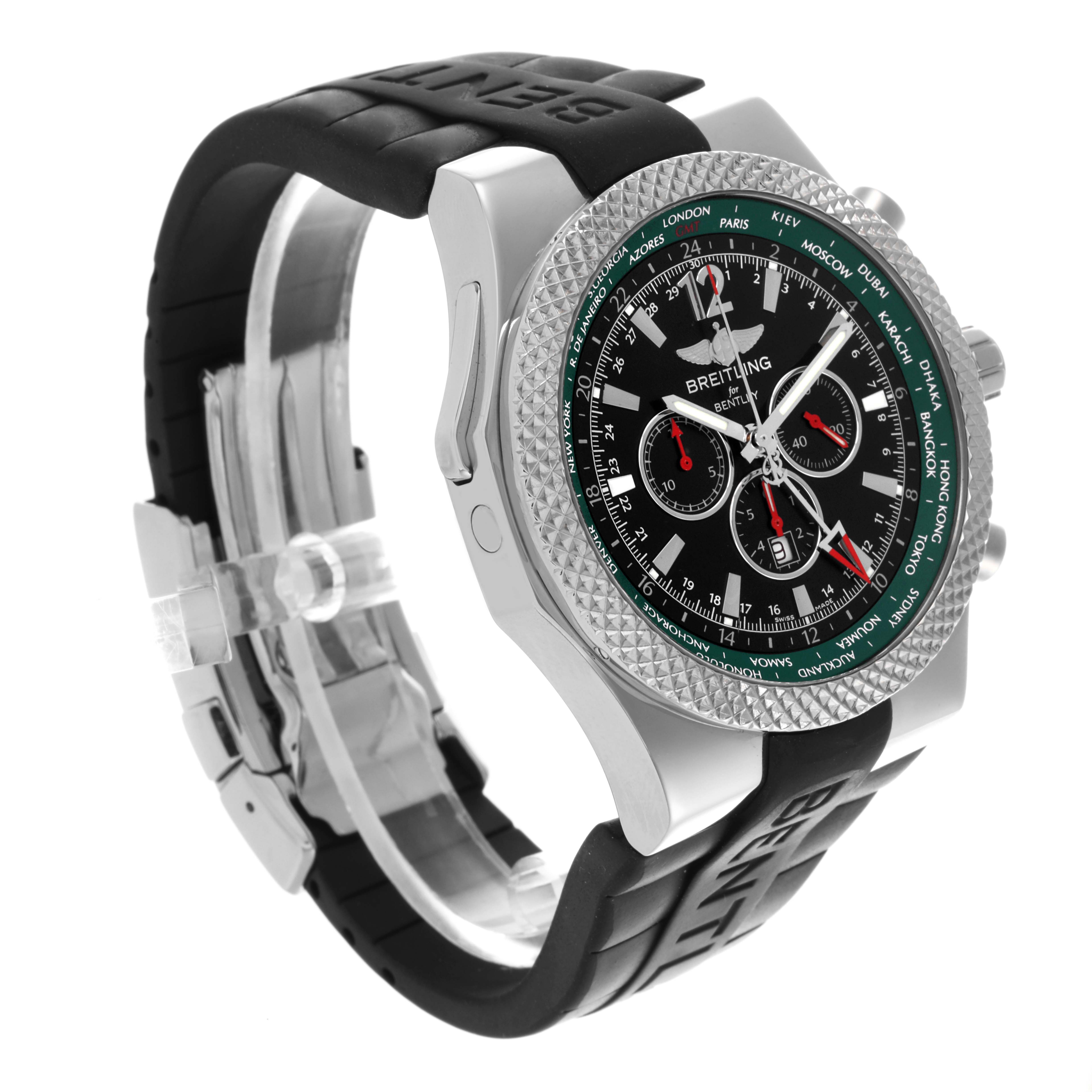 The Breitling Bentley A47362 Men's Stainless Steel Black Dial A47362 Men's Stainless Steel Black Dial watch is shown at a three-quarter angle, highlighting the face, bezel, case, and black strap with Bentley branding.