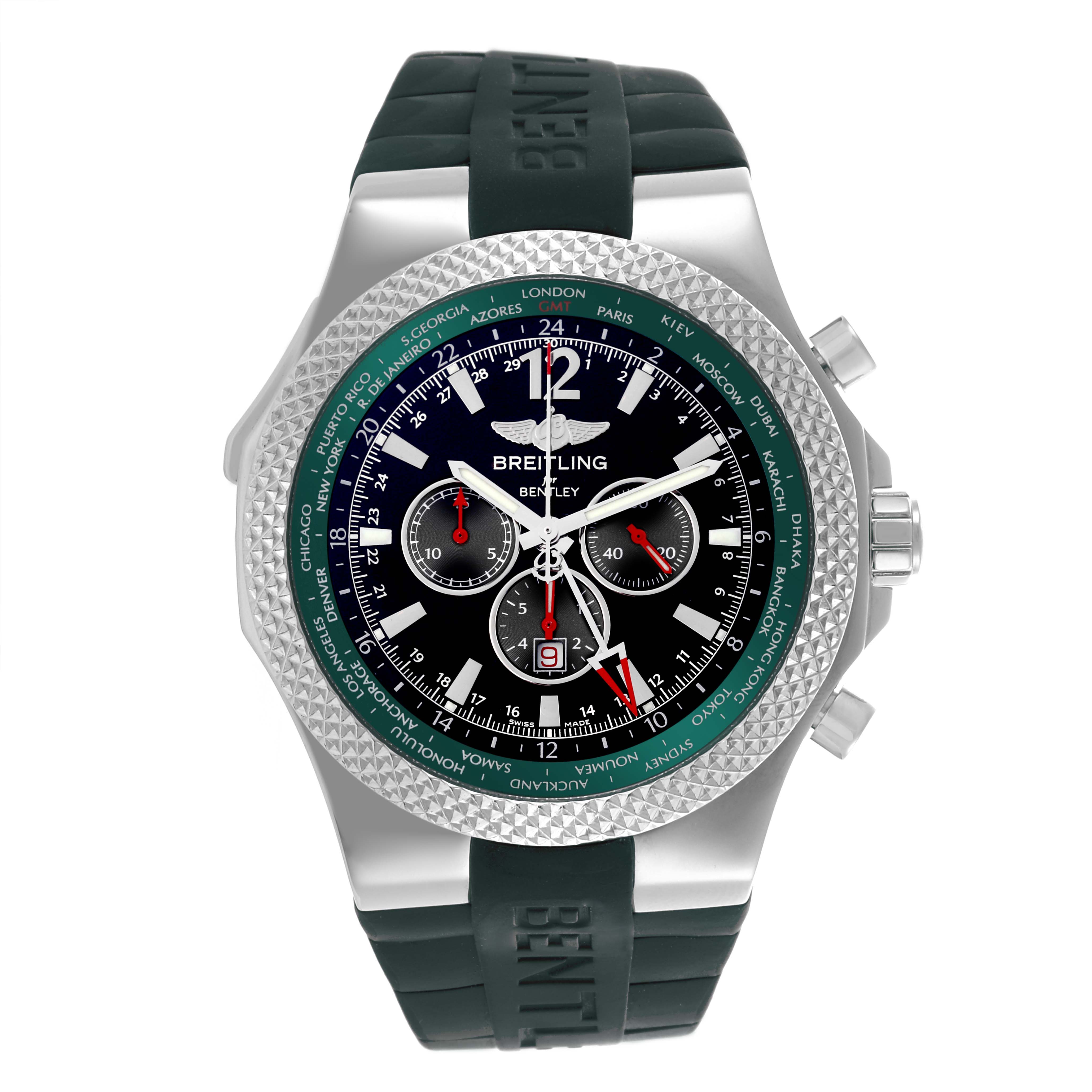 The Breitling Bentley A47362 Men's Stainless Steel Black Dial A47362 Men's Stainless Steel Black Dial watch is shown from a front view, highlighting its bezel, dial, and rubber strap.
