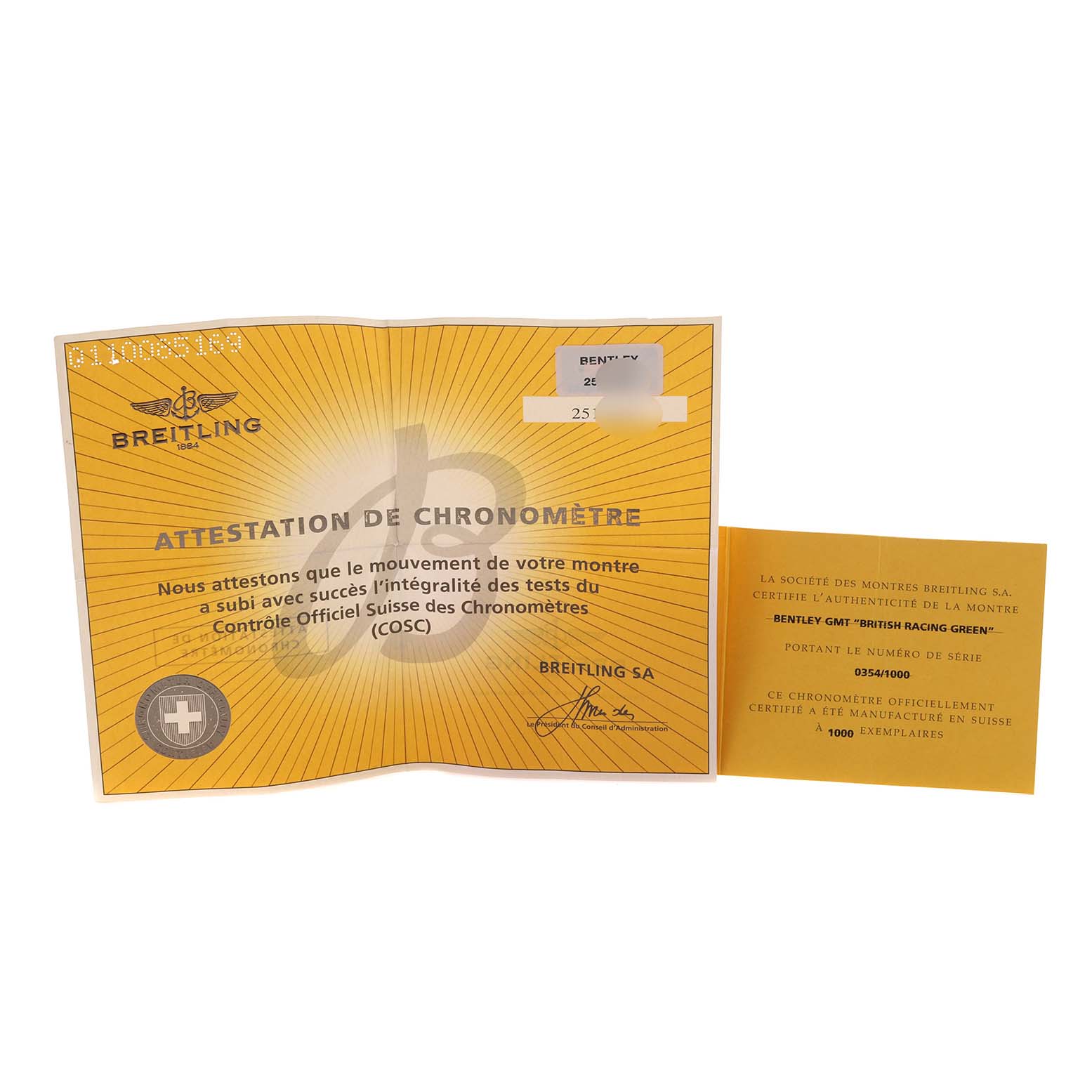 The image shows documentation for the Breitling Bentley A47362 Men's Stainless Steel Black Dial A47362 Men's Stainless Steel Black Dial model, including a chronometer certificate and authenticity card.