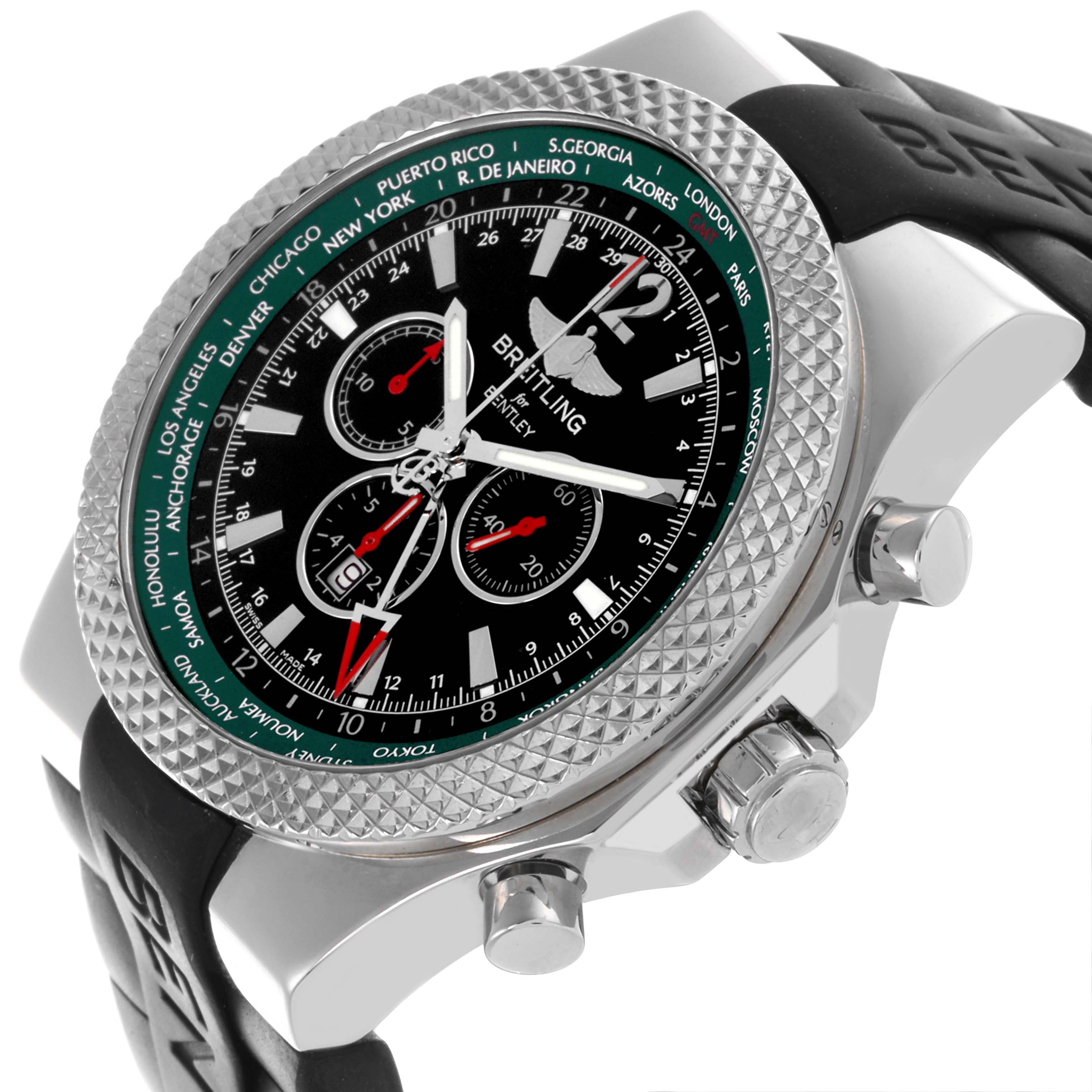 The Breitling Bentley A47362 Men's Stainless Steel Black Dial A47362 Men's Stainless Steel Black Dial watch is shown at a side angle, highlighting the bezel, dial, crown, and part of the strap.