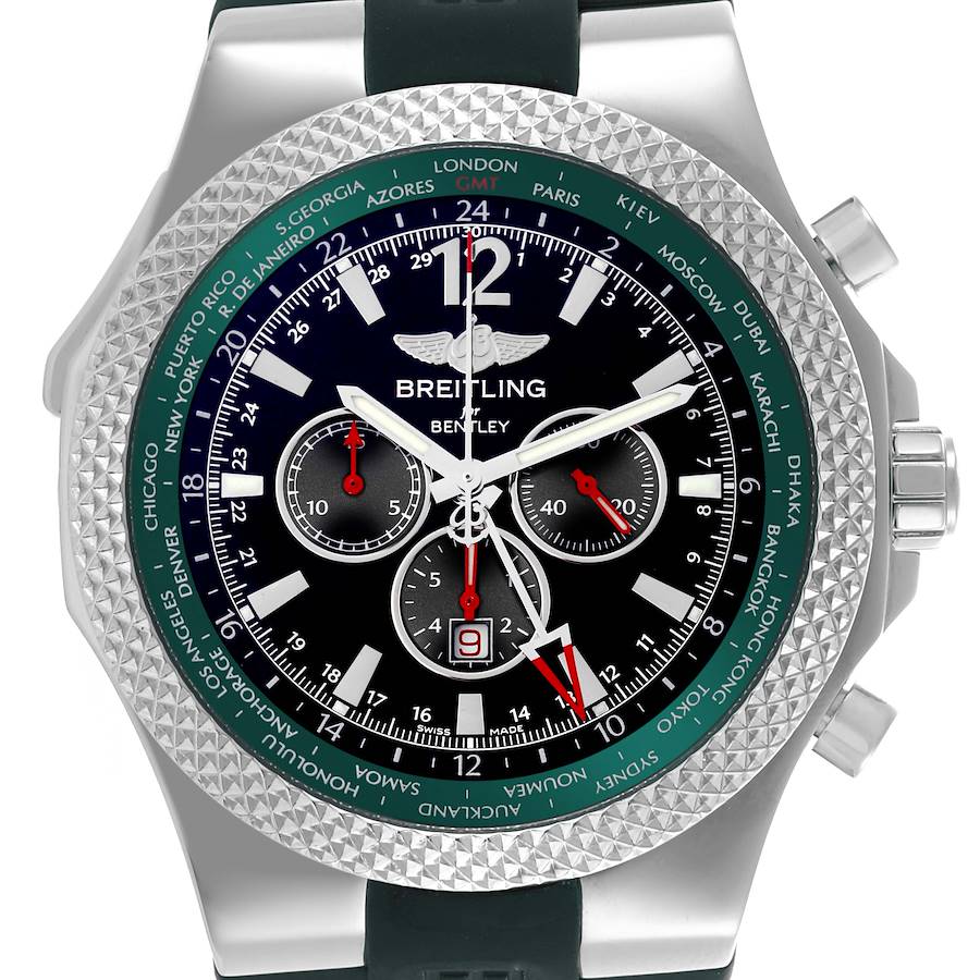 The Breitling Bentley watch is shown from the front, highlighting the dial, bezel, and subdials.