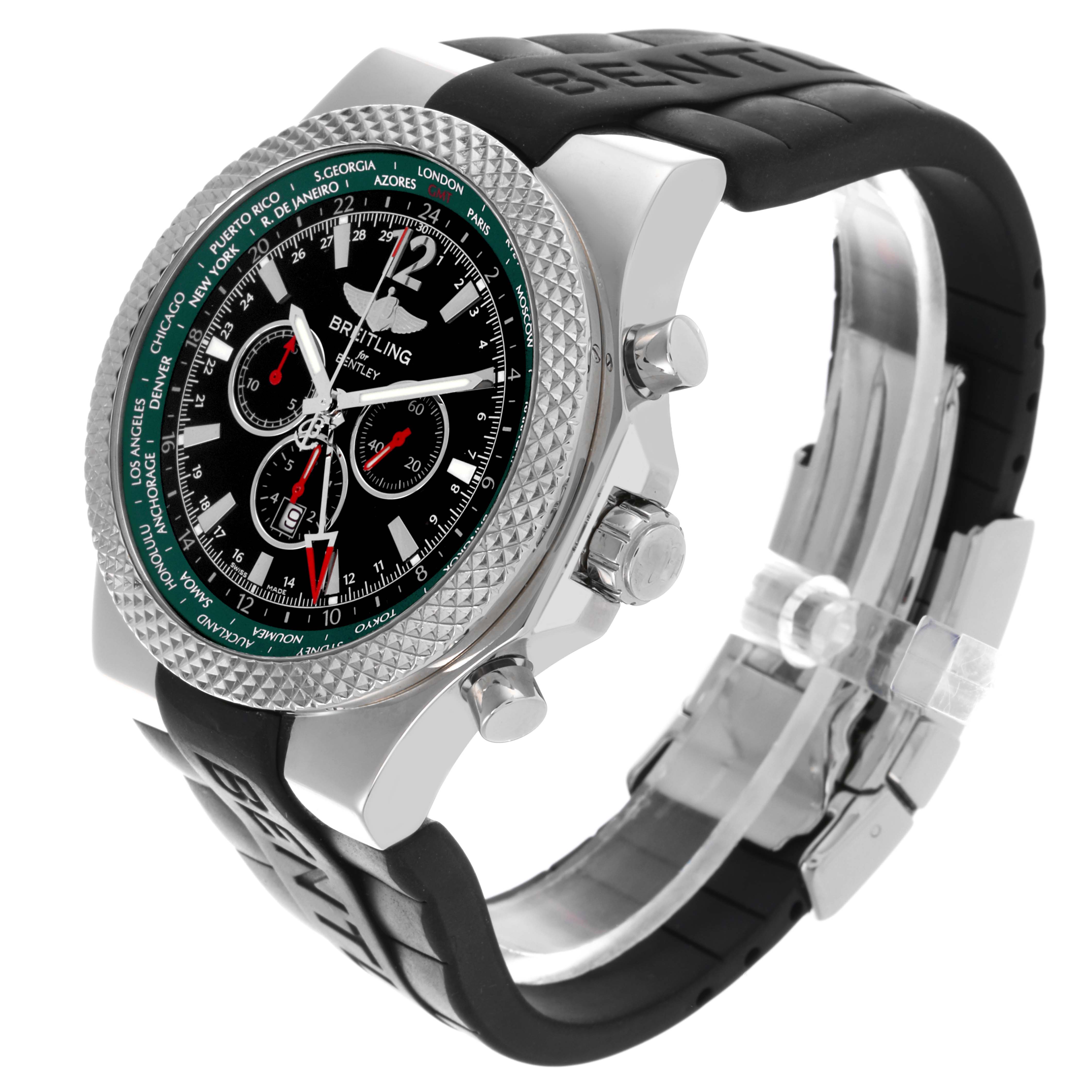 The Breitling Bentley A47362 Men's Stainless Steel Black Dial A47362 Men's Stainless Steel Black Dial watch is shown at an angle highlighting its face, bezel, pushers, crown, and black strap.