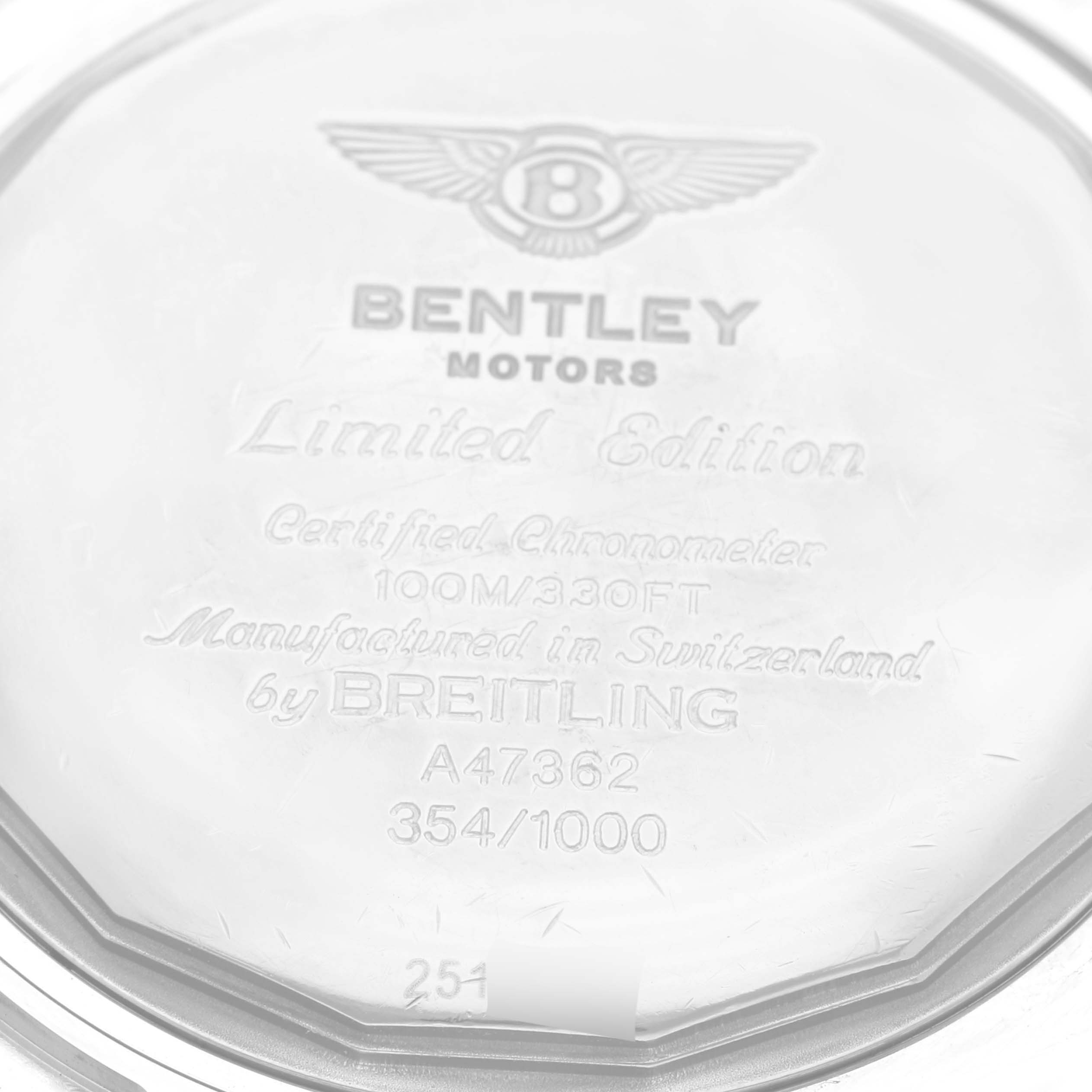 The image shows the back case of a Breitling Bentley A47362 Men's Stainless Steel Black Dial A47362 Men's Stainless Steel Black Dial watch, featuring limited edition engravings.