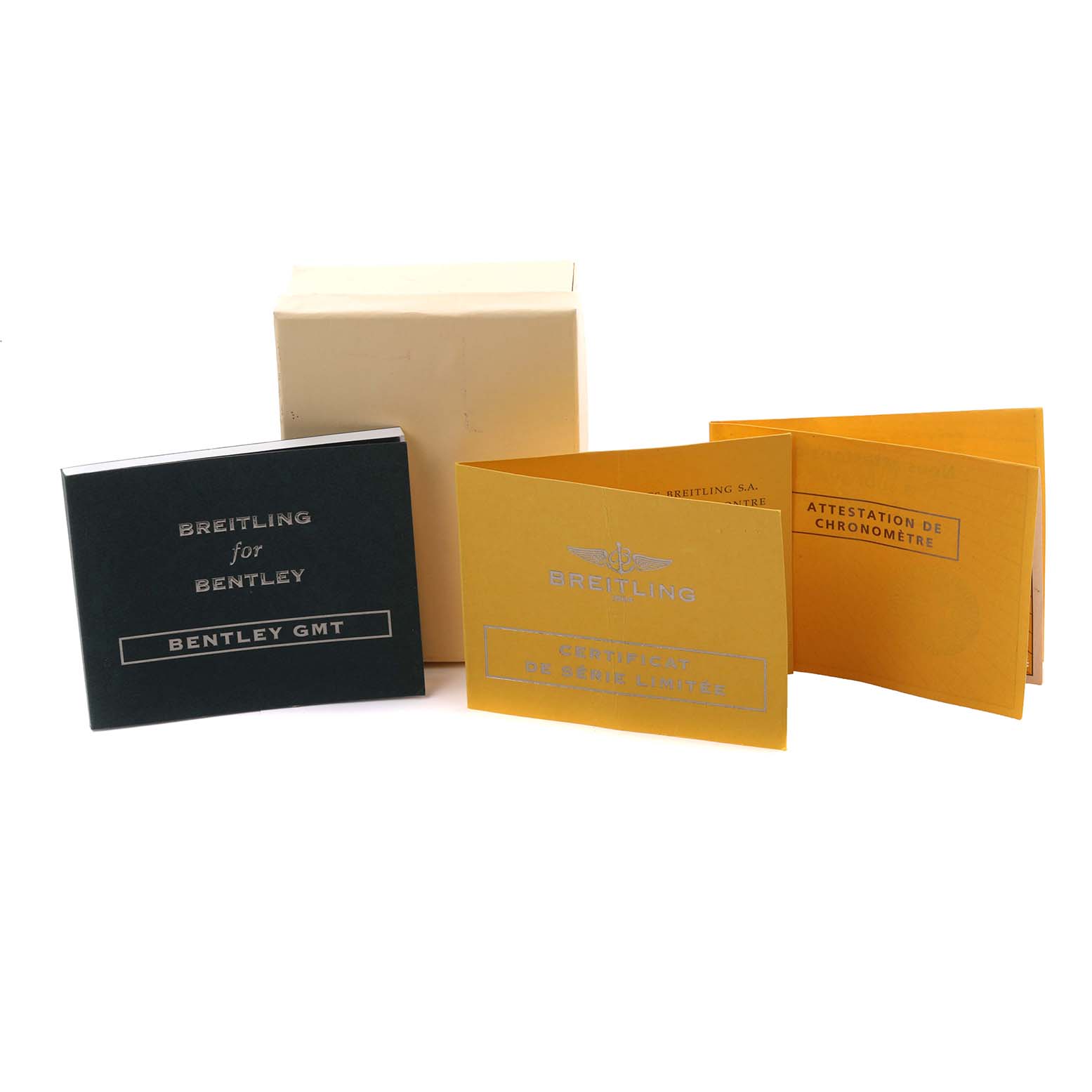 The image shows documentation and a box for the Breitling Bentley A47362 Men's Stainless Steel Black Dial A47362 Men's Stainless Steel Black Dial GMT watch, including manuals and certificates.