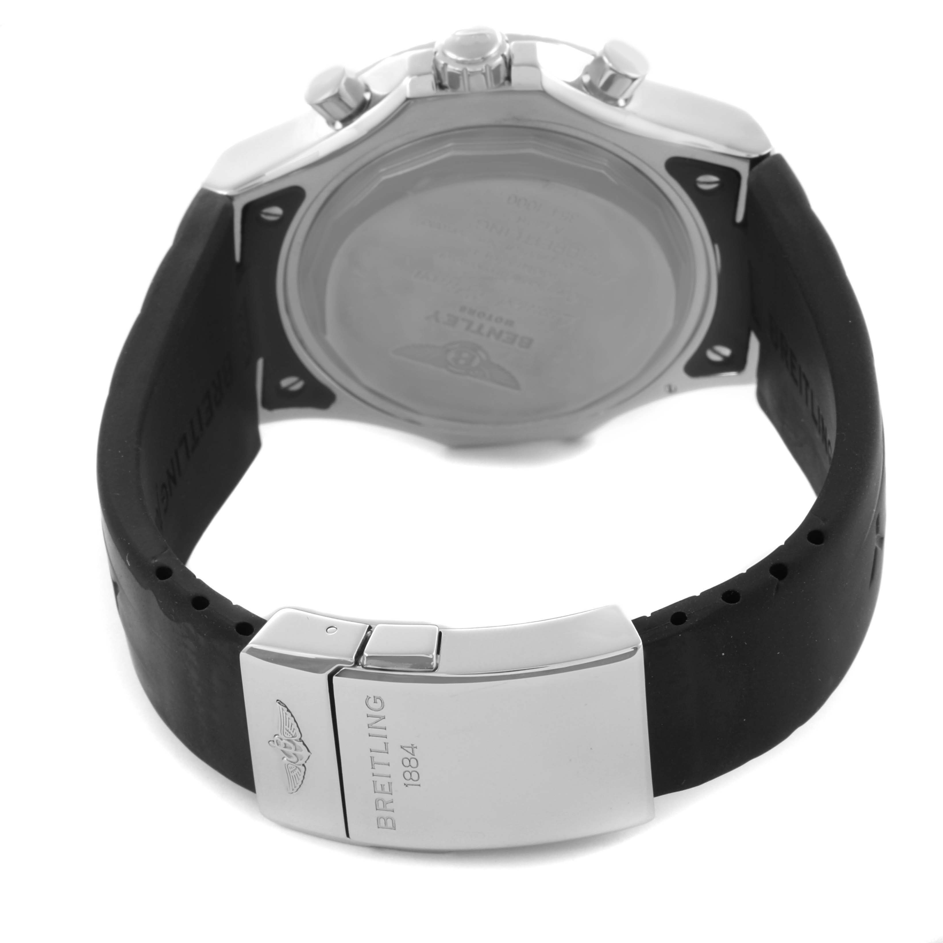The image shows the back of a Breitling Bentley A47362 Men's Stainless Steel Black Dial A47362 Men's Stainless Steel Black Dial watch, highlighting the clasp, case back, and black strap.