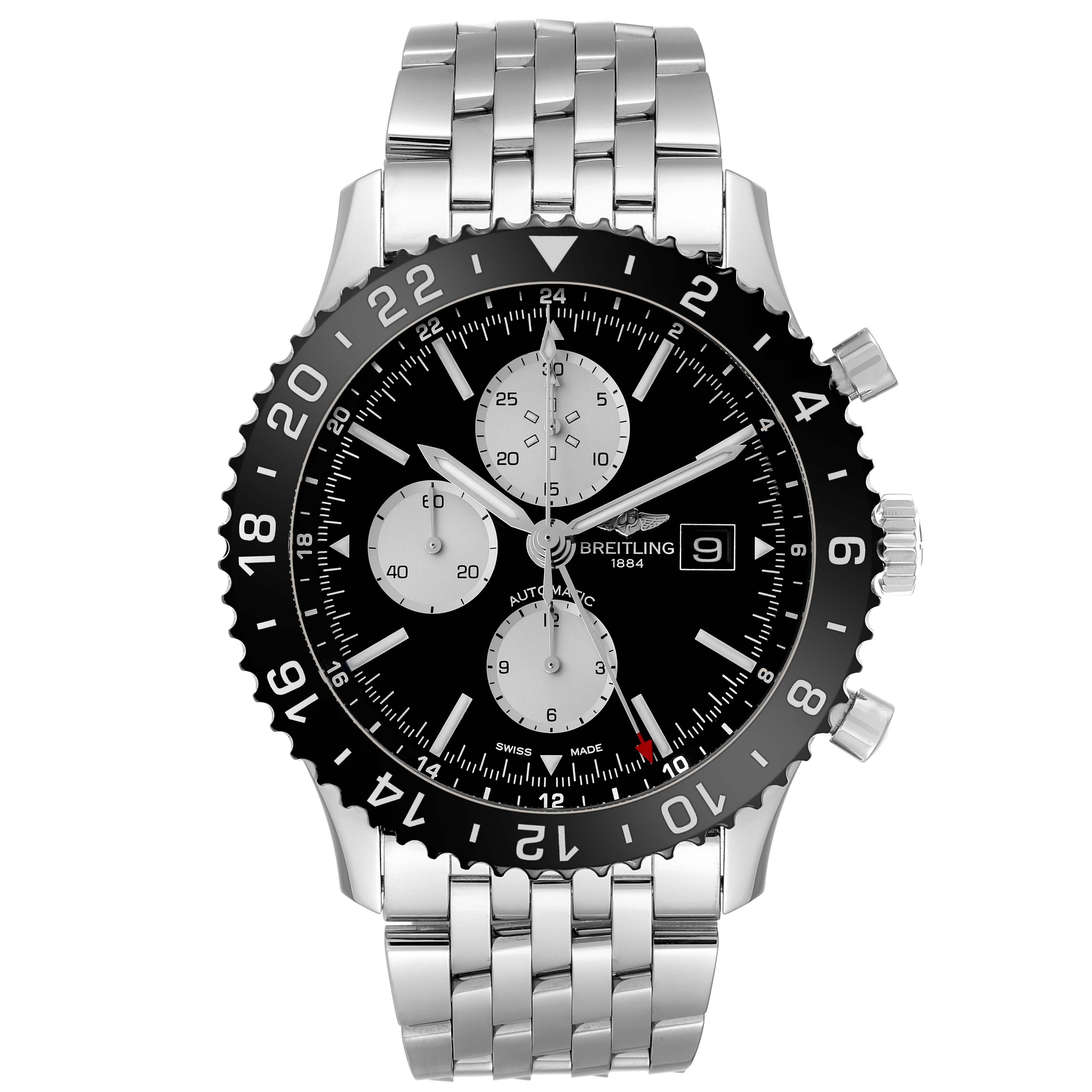 The Breitling Chronoliner Y2431012/BE10 Men's Stainless Steel Black Dial Y2431012/BE10 Men's Stainless Steel Black Dial watch is shown from the front, displaying the dial, bezel, and bracelet.