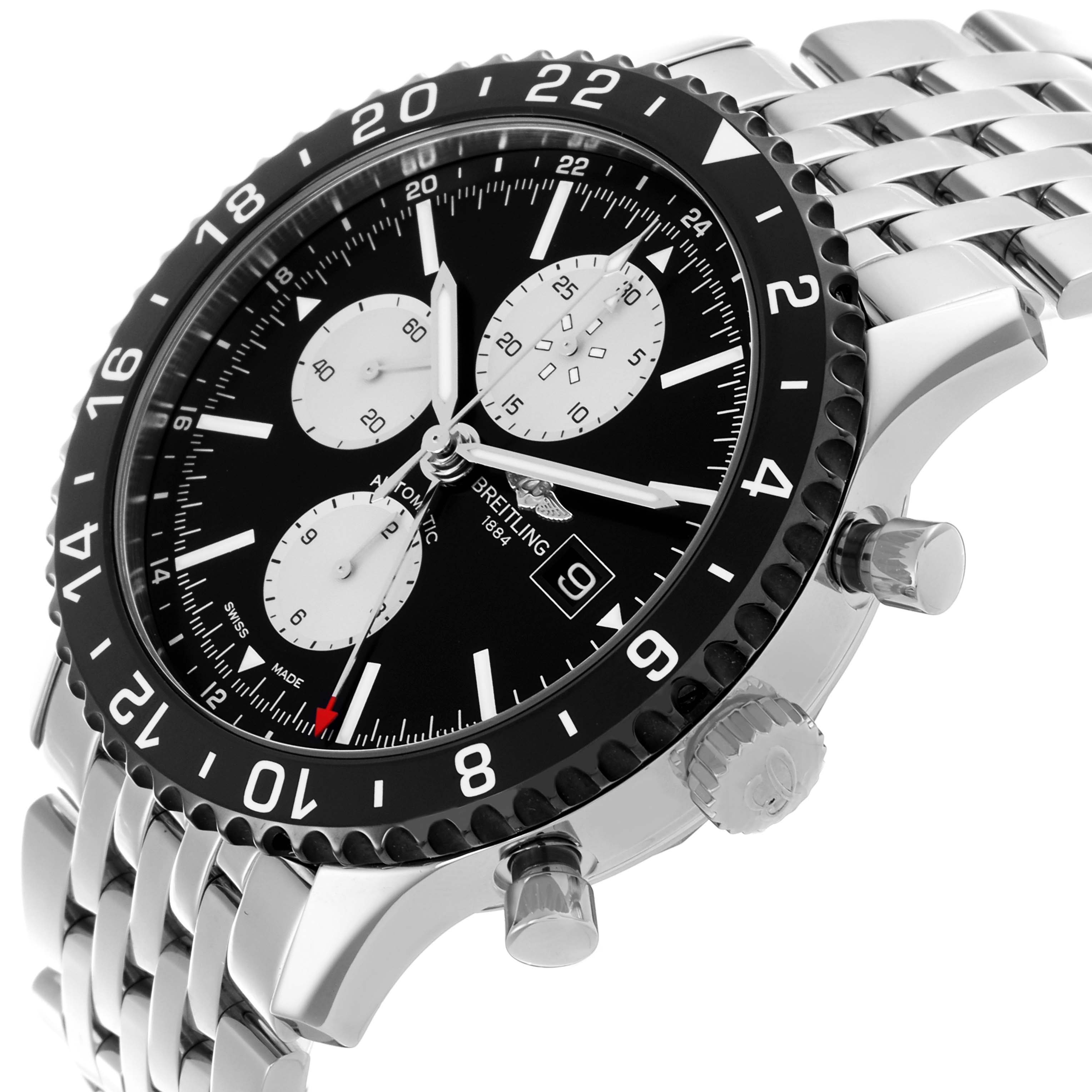 The Breitling Chronoliner Y2431012/BE10 Men's Stainless Steel Black Dial Y2431012/BE10 Men's Stainless Steel Black Dial watch is shown at an angled view, highlighting the bezel, crown, pushers, and bracelet.